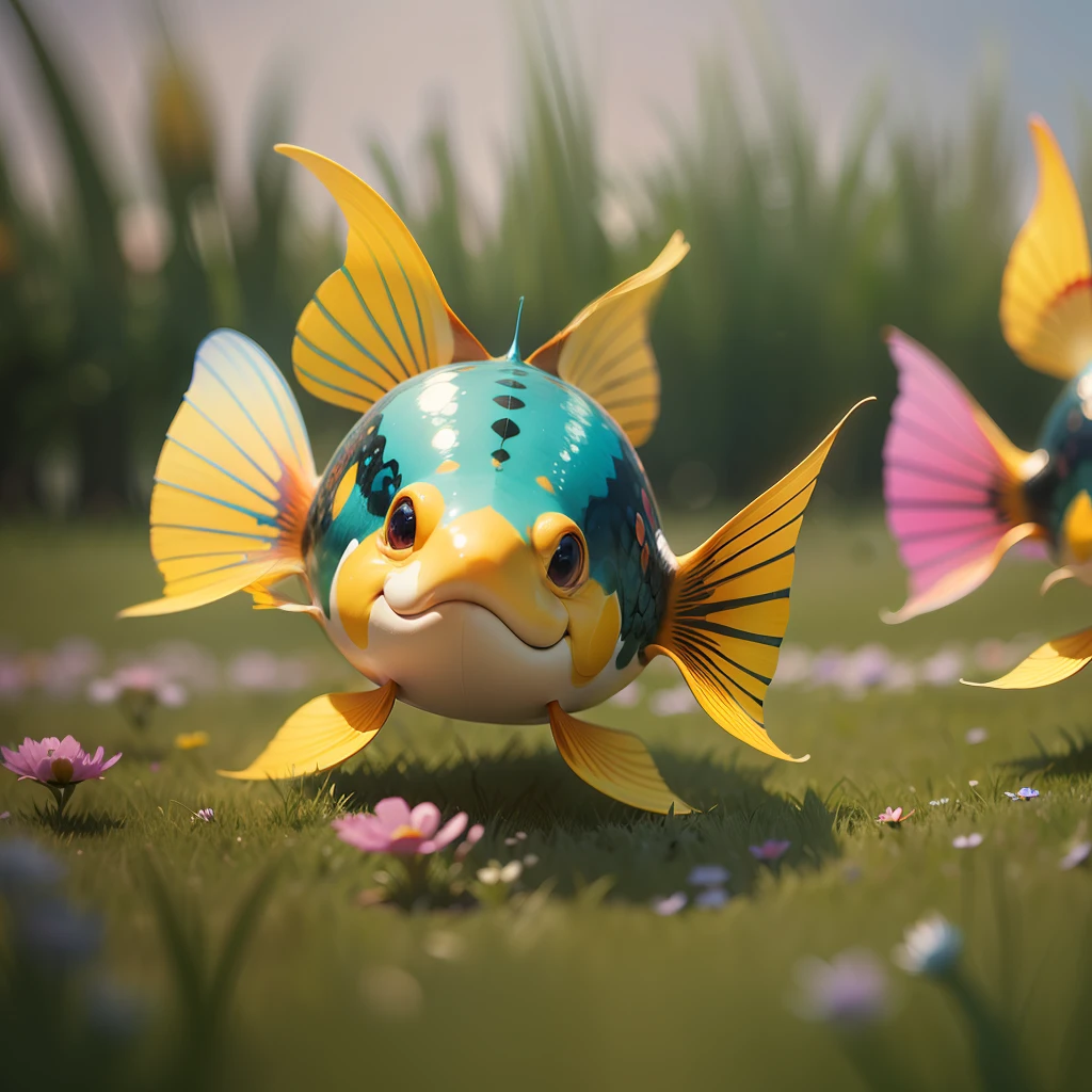 Three whimsical multi-colored fish fly between wild flowers and tall grass, smiling kindly, broadly and affably. Close-up. Warm, muted colors. Lots of details. Super photorealistic, Disney-style cartoon. 8k. fantasy blurred background. Light haze. --auto --s2