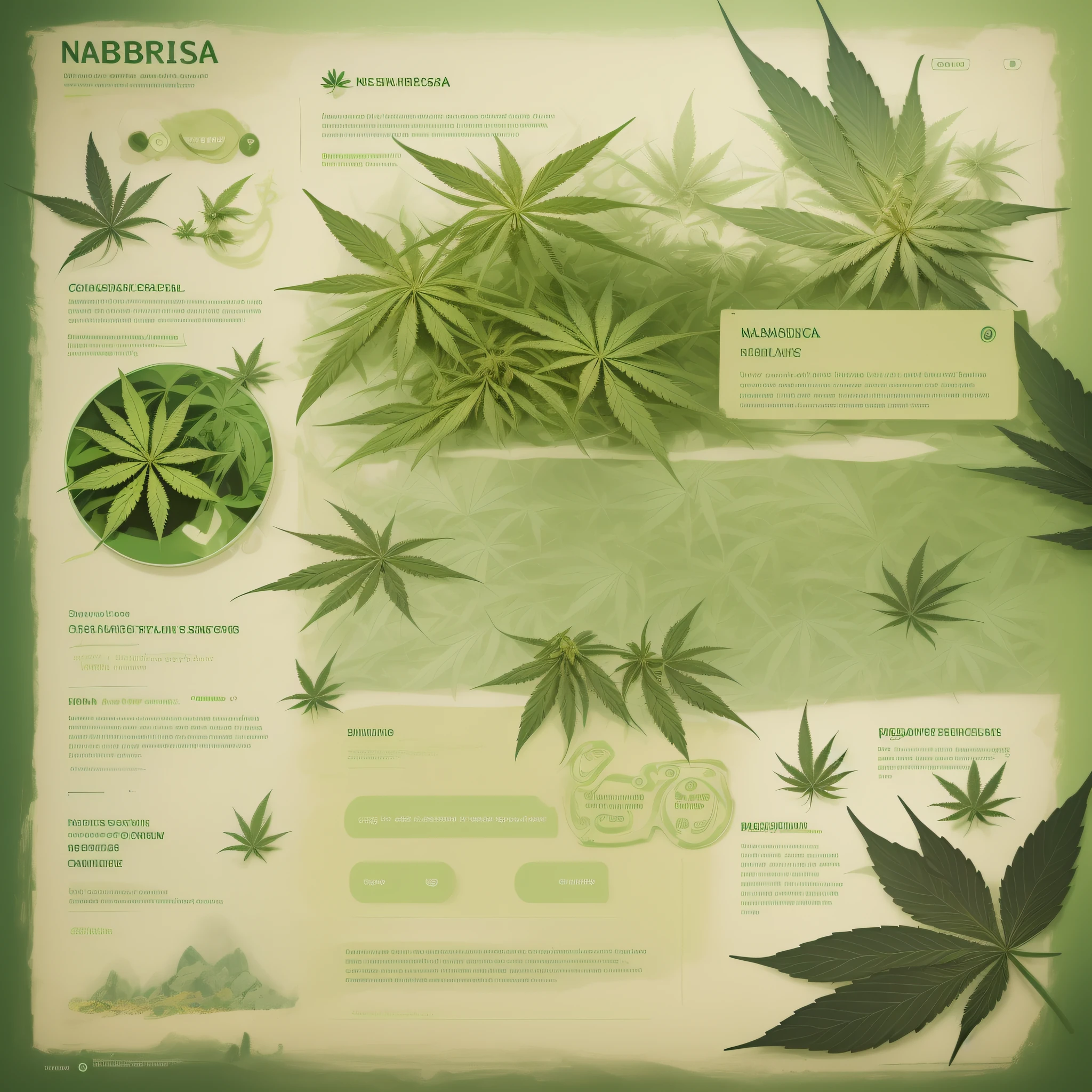 Introducing “Na Brisa” page, engaging image, harmonious color scheme, natural greens, cannabis theme, creative, Design with a positive and friendly tone, short text description introducing the page's content, mission, and the motivation, text legible and easy to understand ,captivating, (infographic), (smoke)