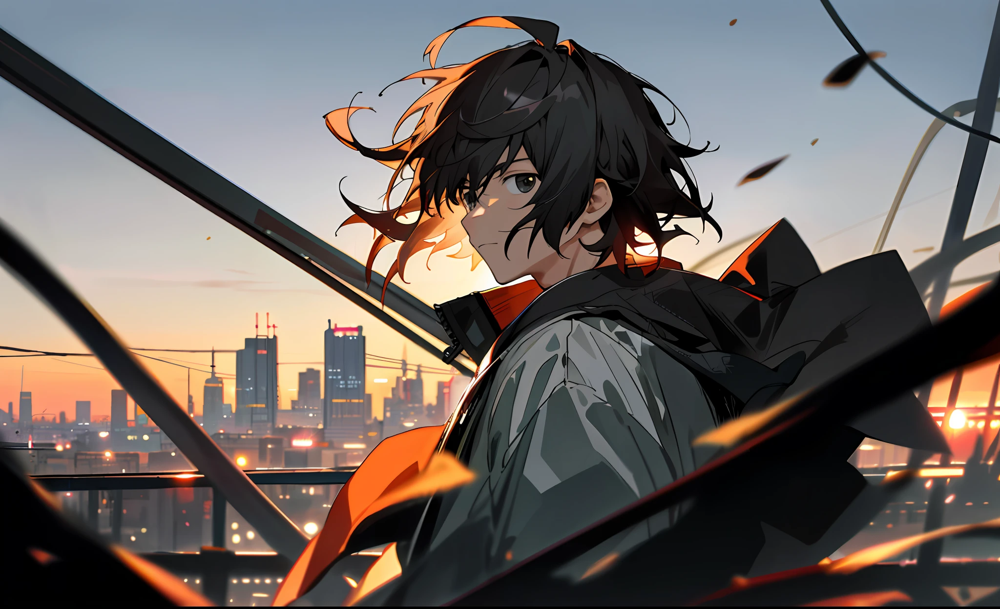 1man,masterpiece,best quality, ultra high res, dusk,cityscape,depth of field, short black messy hair, solo male