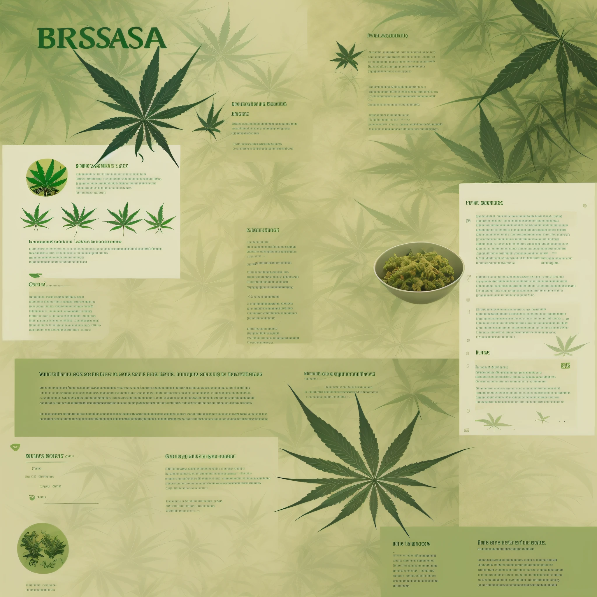 Introducing “Na Brisa” page, engaging image, harmonious color scheme, natural greens, cannabis theme, creative, Design with a positive and friendly tone, short text description introducing the page's content, mission, and the motivation, text legible and easy to understand ,captivating, (infographic), (smoke)