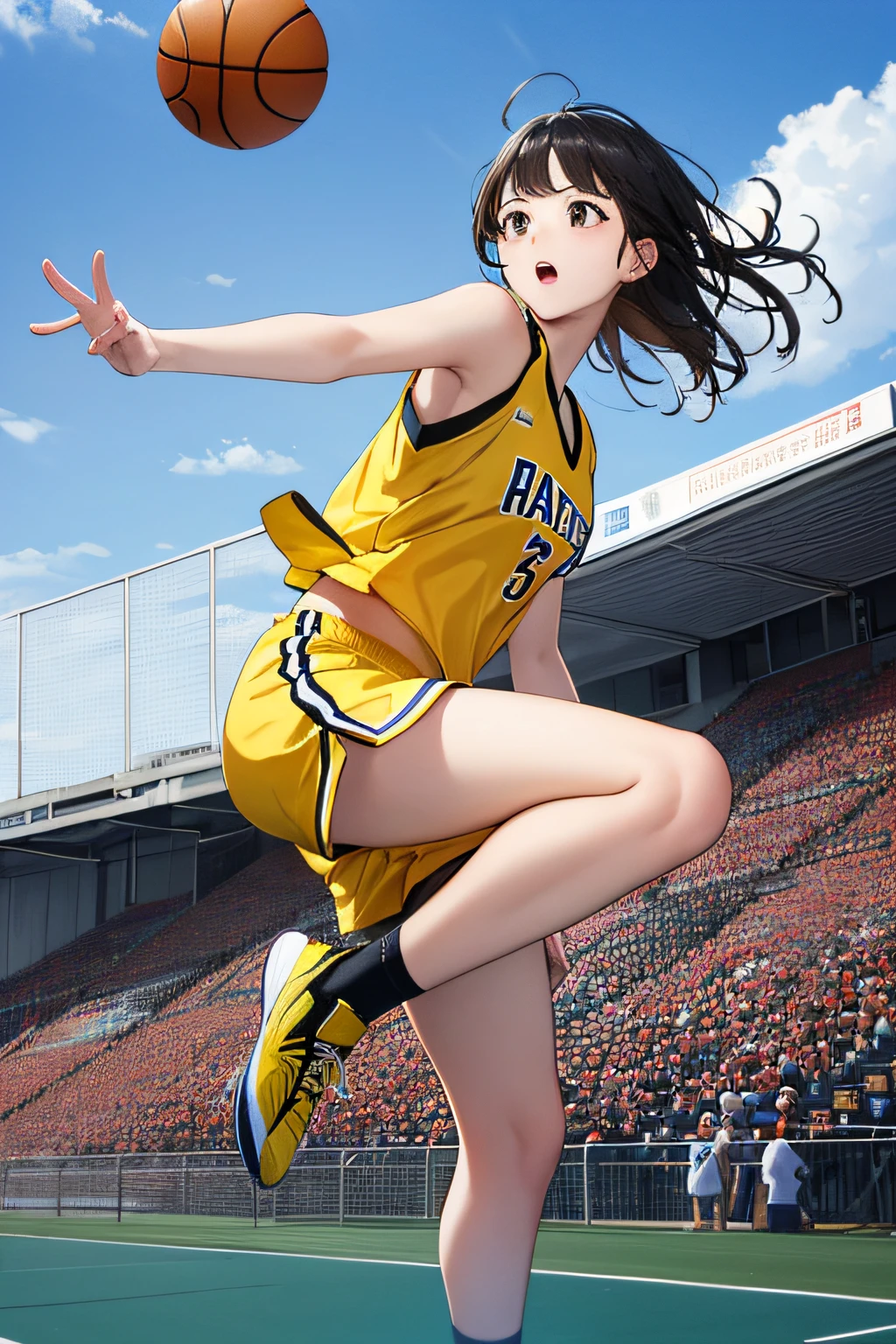 Highly detailed, High Quality, masterpiece, hutaodef, basketball, wearing yellow basketball_uniform, jumping to block inside basket field, side view, fierce expression