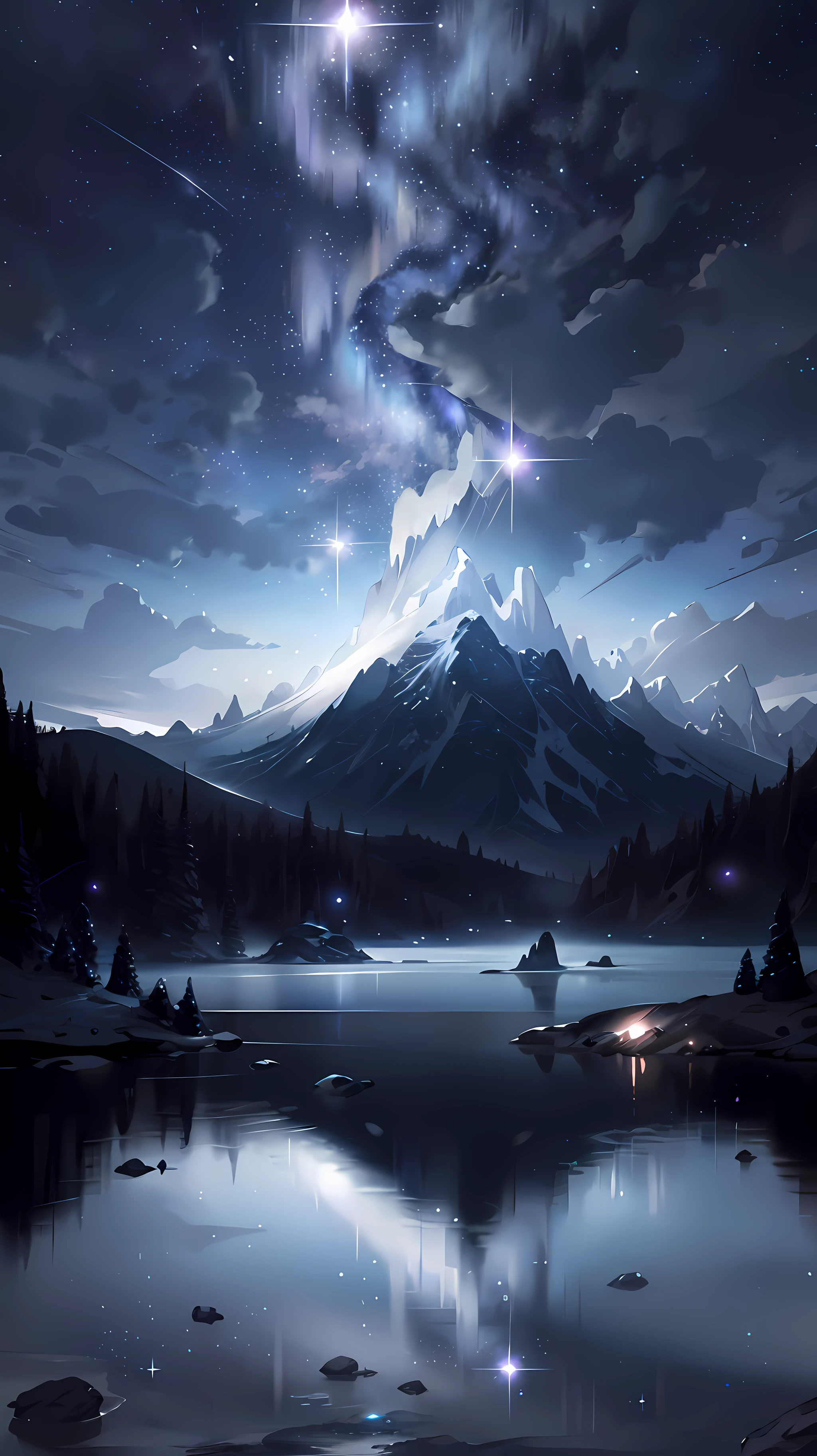 Starry Sky with Mountains and Lake, Jessica Rossier, Inspired by Jessica Rossier, Jessica Rossier Fantasy Art, Concept Art Magic Highlights, Official Artwork, Dream Painting, Ethereal Realm, Atmospheric artwork, dreamy matte paintings, serene endless stars inspired by Ted Nasmith, moonlit starry environments, epic music album covers.