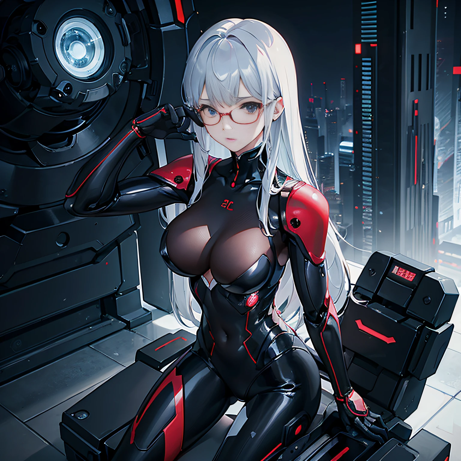 realisitic、tits out、Cyberpunk、cleavage of the breast、Beautifully shaped breasts、Raw feet、Cyber City、natta、nightcity、look up sky、Look up、Take your eyes off、Don't look at the camera、((top-quality)), ((​masterpiece)), (high-detail:1.3), 3D, Beautiful fece、mechanical suit、Near Future Cyber Suit、Red Black Cyber Suit、Red-Black Robot Costume、Right arm is mechanical、Right-arm robot、Silvery hair、Silver-haired shortcut、eye glasses、Straddling a robot chair