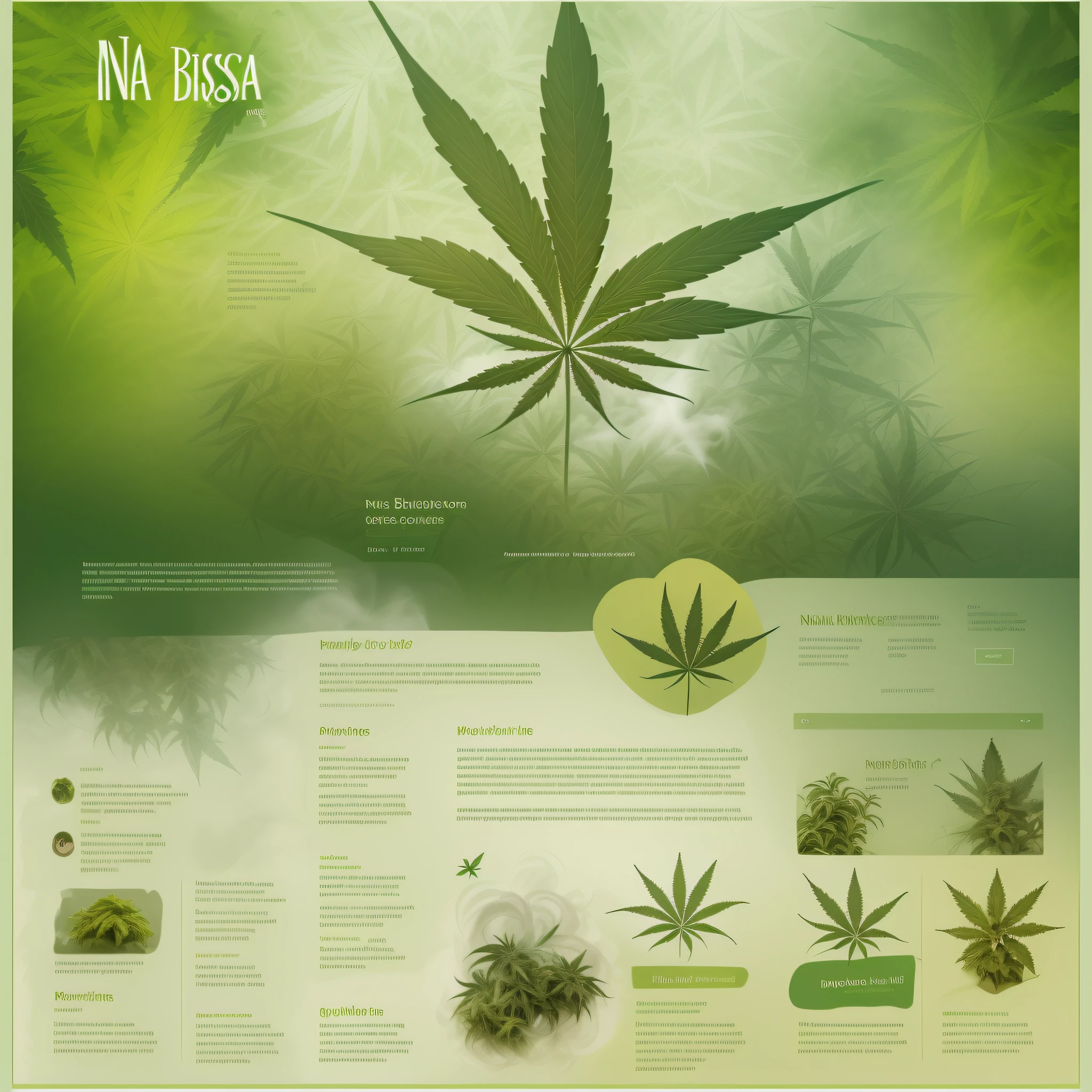 Introducing “Na Brisa” page, engaging image, harmonious color scheme, natural greens, cannabis theme, creative, Design with a positive and friendly tone, short text description introducing the page's content, mission, and the motivation, text legible and easy to understand ,captivating, (infographic), (smoke)