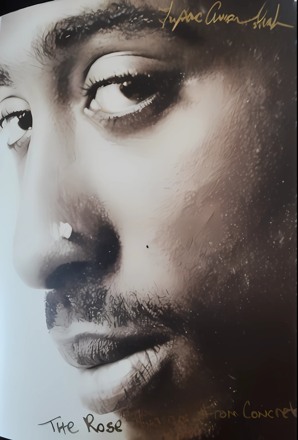a close up of a book with a picture of a man's face, 8k resolution. tupac, tupac shakur, tupac, masterpice, close up portrait shot, art masterpice, closeup portrait shot, taken in the early 2020s, close up portrait, taken in 1 9 9 7, close - up portrait shot, portrait close up