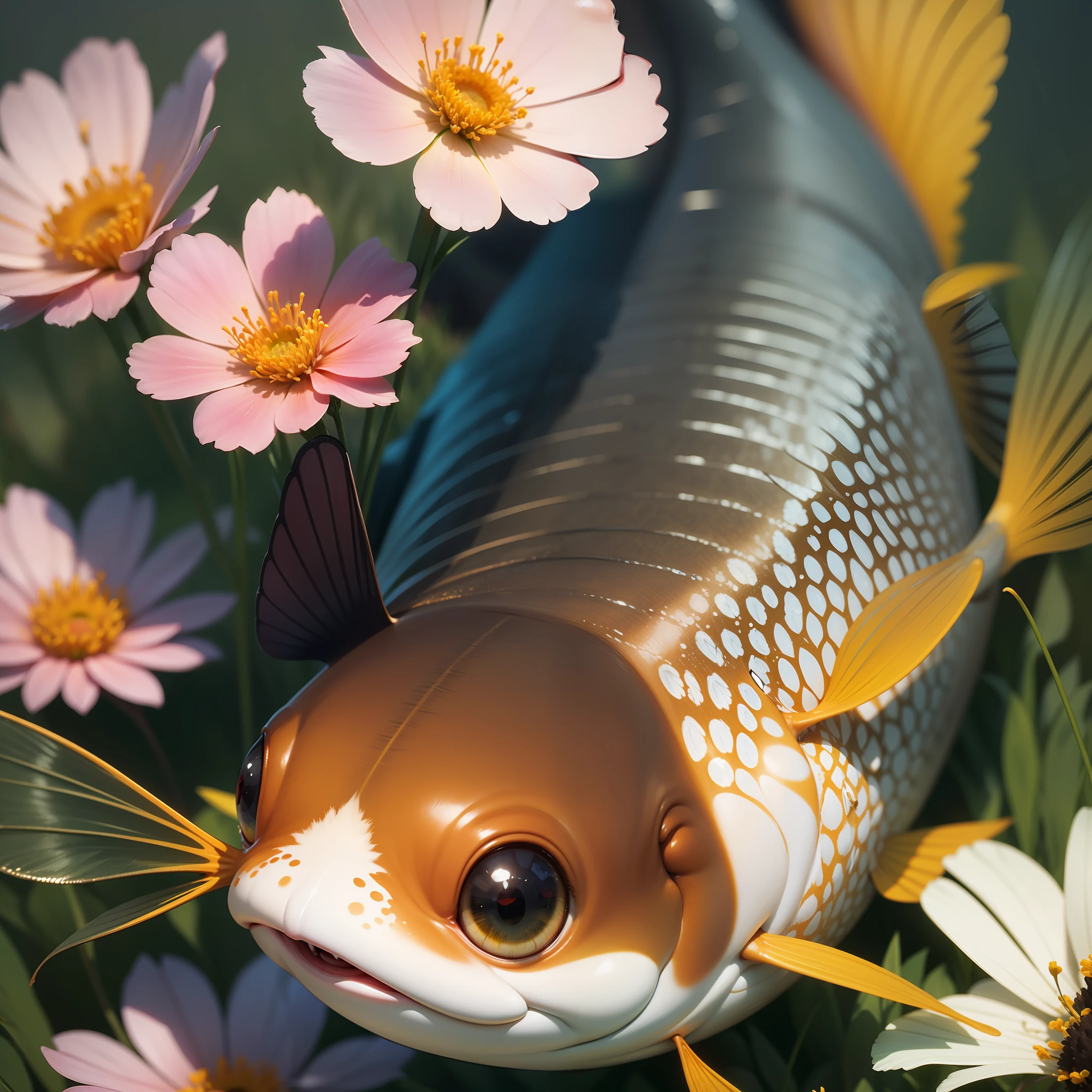 Three whimsical multi-colored fish fly between wild flowers and tall grass, smiling kindly, broadly and affably. Close-up. Warm, muted colors. Lots of details. Super photorealistic, Disney-style cartoon. 8k. fantasy blurred background. Light haze. --auto --s2