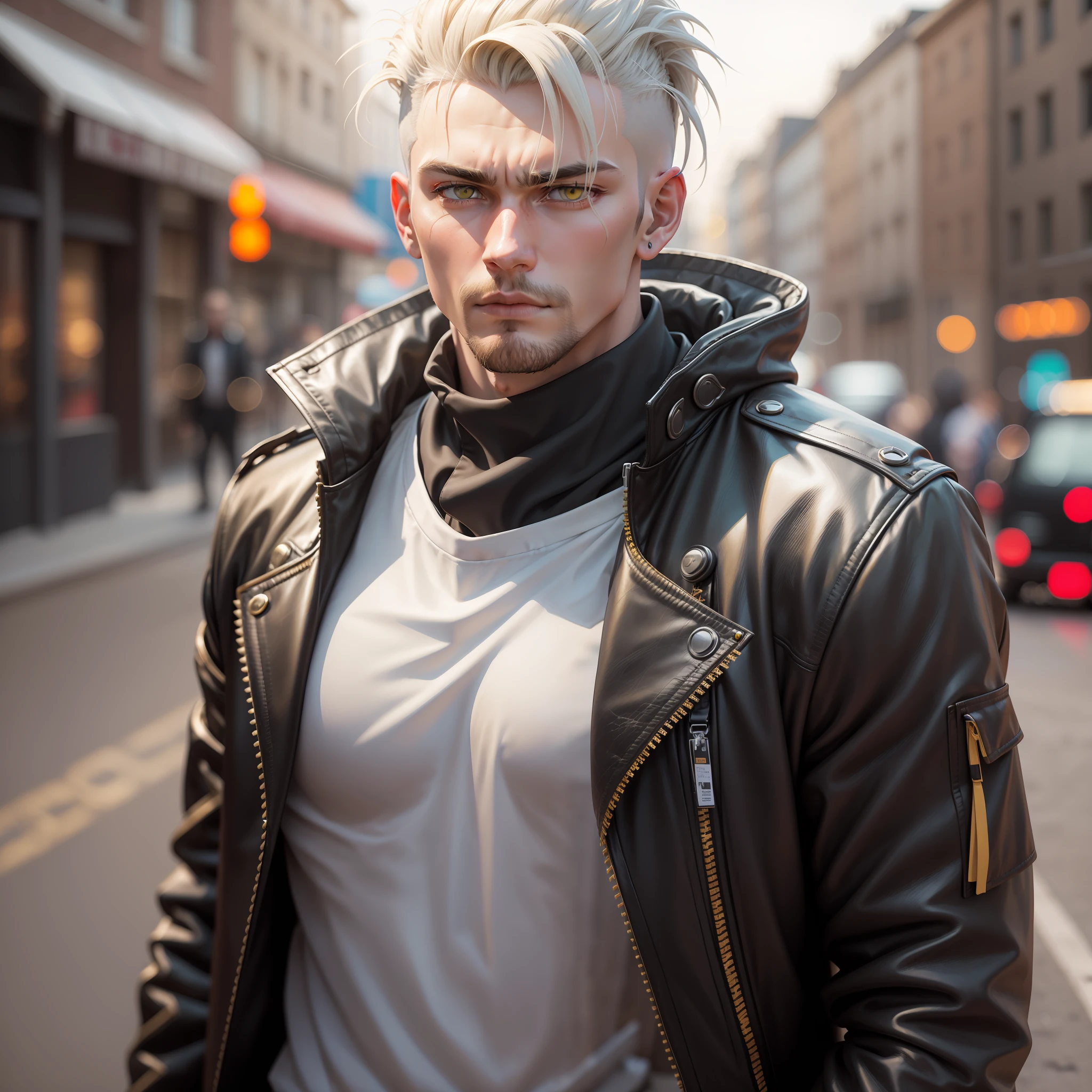 ID da tarefa.:48606471860293
Nordic man standing on the street with undercut haircut and yellow leather jacket and hair, Portrait of a Bloody Hunter , Badass anime 8k