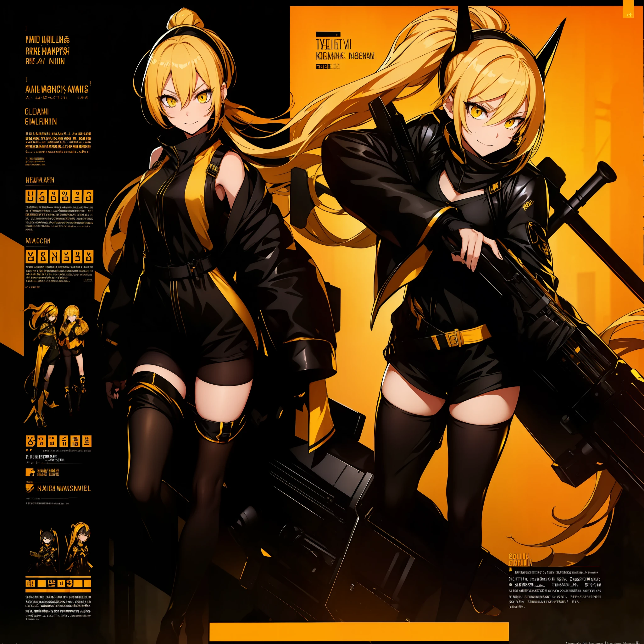 Best image quality，Golden yellow ponytail，Headbands，Evil yellow eyes，Smile，Armed cannon，Black jumpsuit，lacepantyhose，Black skinny shorts，Girls in front