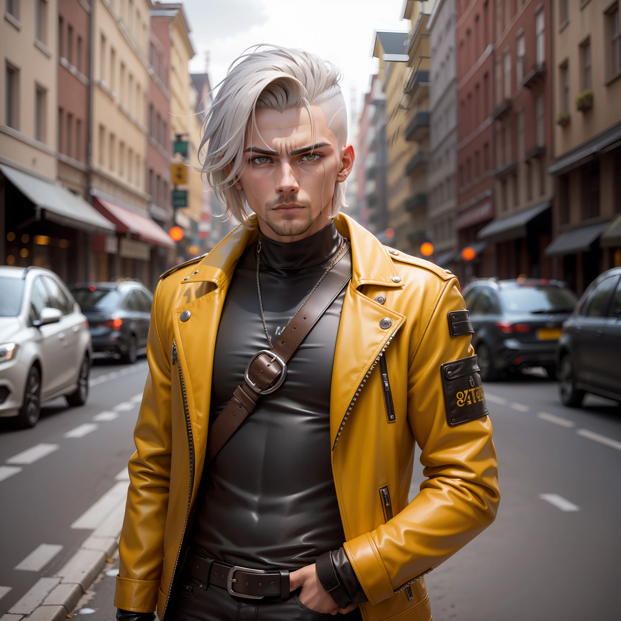 ID da tarefa.:48606471860293
Nordic man standing on the street with undercut haircut and yellow leather jacket and hair, Portrait of a Bloody Hunter , Badass anime 8k