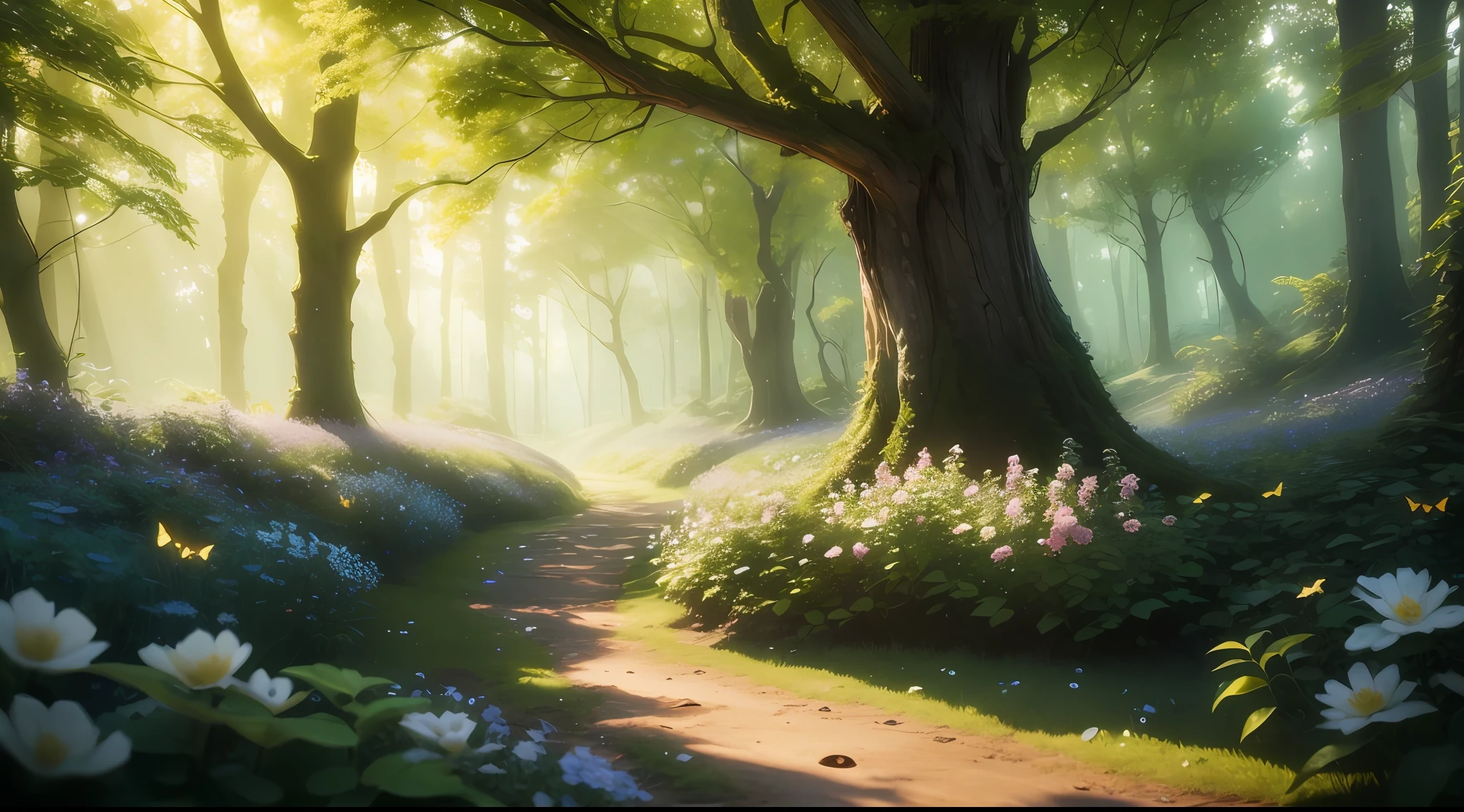 A breathtaking forest scene (((with a small hole in the ground))) and tall trees reaching into the sky, sunlight filtering through the leaves, casting a golden glow on the forest floor. Pequenos riachos correm pelas rochas cobertas de musgo, criando um ambiente sereno. Delicate branches adorned with vibrant flowers and leaves add a touch of color to the scene. Fireflies dance in the air, seu brilho suave iluminando os arredores. The air is filled with a soft melody as butterflies flutter among the flowers. Capture this enchanting moment in an intricate, high-quality illustration, with attention to finer detail and realistic shadows. Isometric 3D rendering using Octane Render and Ray Tracing will bring this magical forest to life