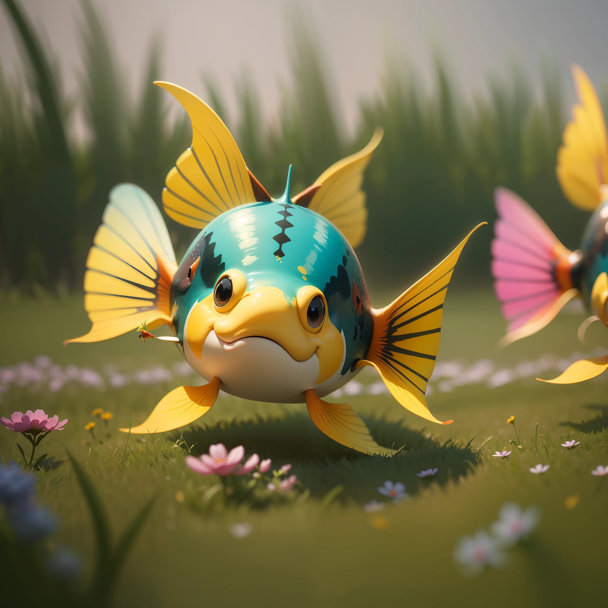 Three whimsical multi-colored fish fly between wild flowers and tall grass, smiling kindly, broadly and affably. Close-up. Warm, muted colors. Lots of details. Super photorealistic, Disney-style cartoon. 8k. fantasy blurred background. Light haze. --auto --s2