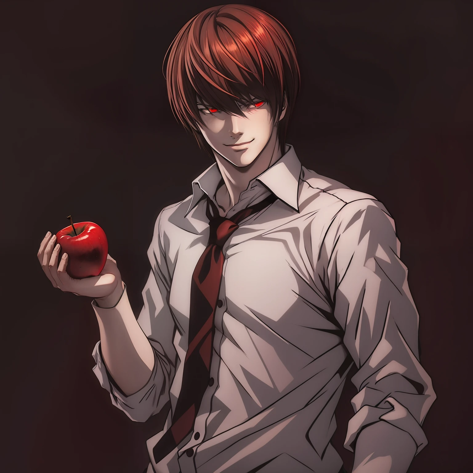 Light Yagami, smile, red eyes, white shirt, standing, black background, drawn, red apple in hand