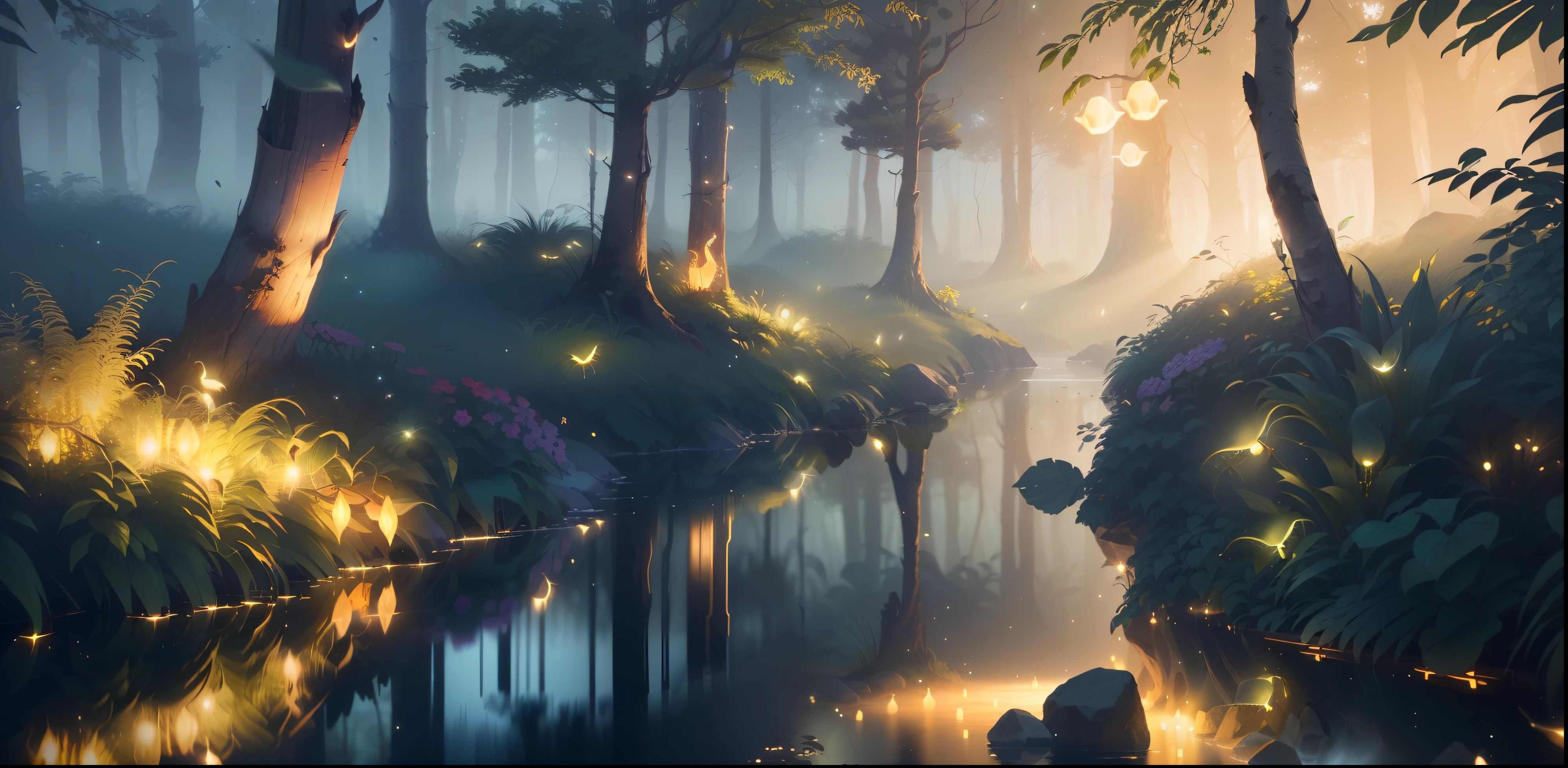 Masterpiece, best quality, (very detailed CG unity 8k wallpaper), (best quality), (best illustration), (best shadows), glow sprite, with a glowing deer, in the swimming pool Drinking water, natural elements in the forest theme. Mysterious forest, beautiful forest, nature, surrounded by flowers, delicate leaves and branches surrounded by fireflies (natural elements), (jungle theme), (leaves), (twigs), (fireflies), (particle effects) etc. 3D , Octane rendering, ray tracing, super detailed