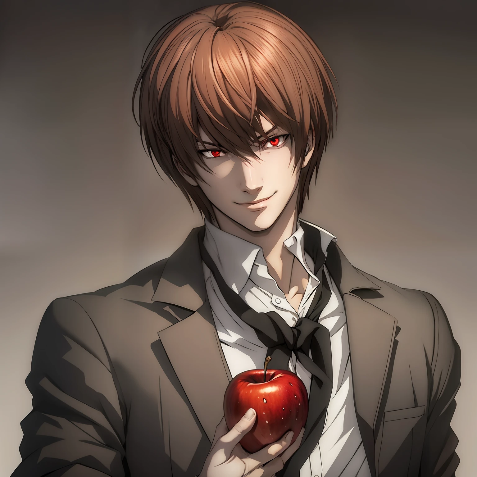 Light Yagami, smile, red eyes, white shirt, standing, black background, drawn, red apple in hand