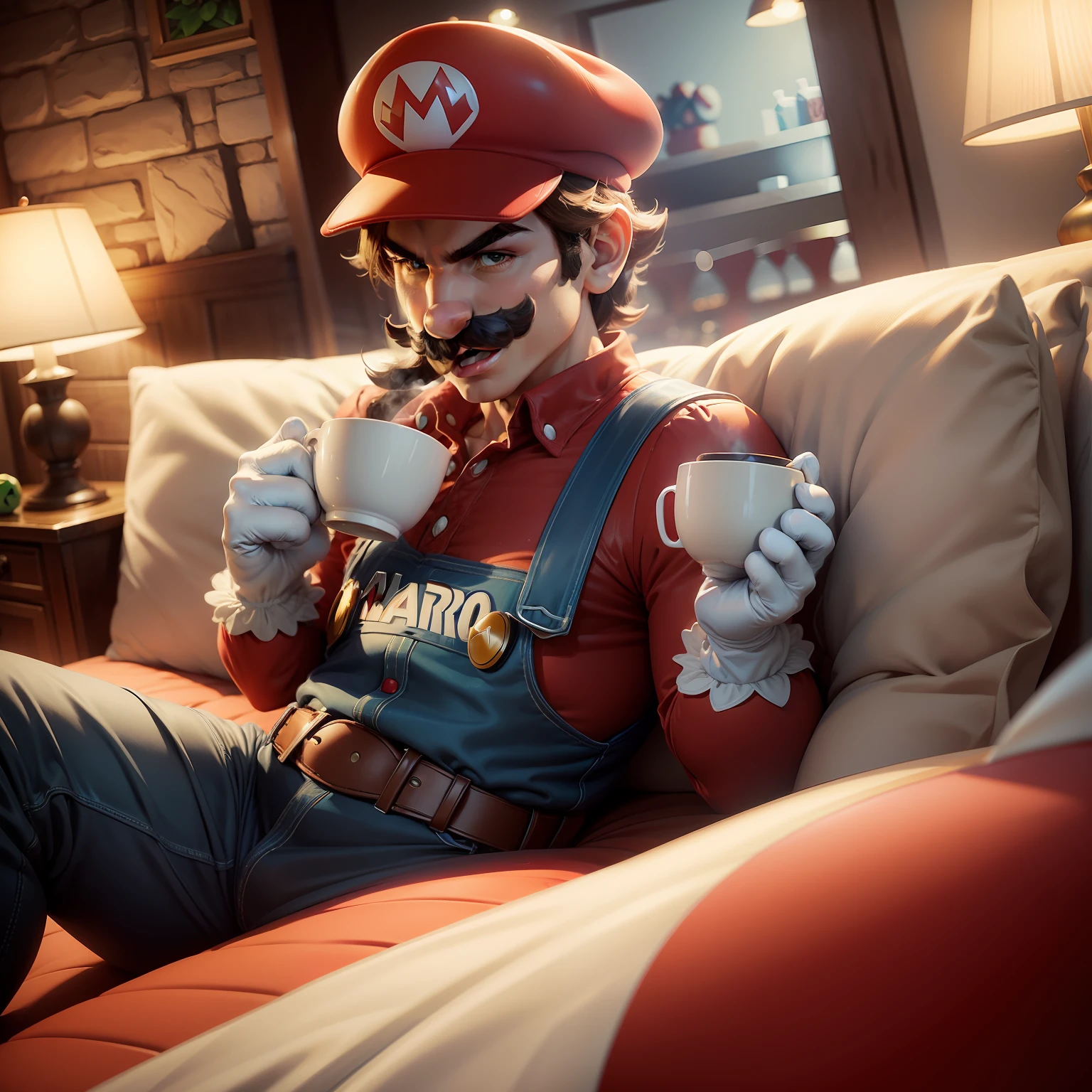 "(Super Mario, Nintendo Super Mario game, drinking coffee)"