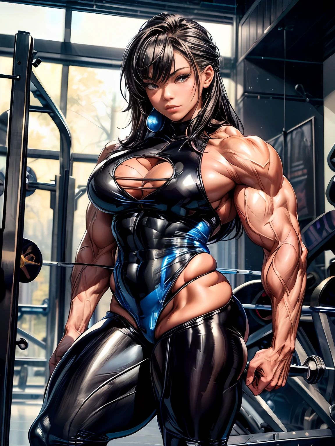 high contrast, (8K UHD:1.2), (photorealistic:1.2),(masterpiece:1.4), (best quality:1.4),extremely detailed wallpaper, highly detailed illustrations, ((1 Girl)) , (super-complex details) , 4K unified, (masterpiece:1.2), (best quality:1.2), (1woman), (masterpiece), 1girl, solo focus, a trail picture like the blue suit girl. Make the suit and orange and black glossy color so the muscles will show greatly.,(body builder:1.9)),((upper body)),((muscular legs)),((latex)),((covered)),((big body :1.5)).((muscular:1.5))