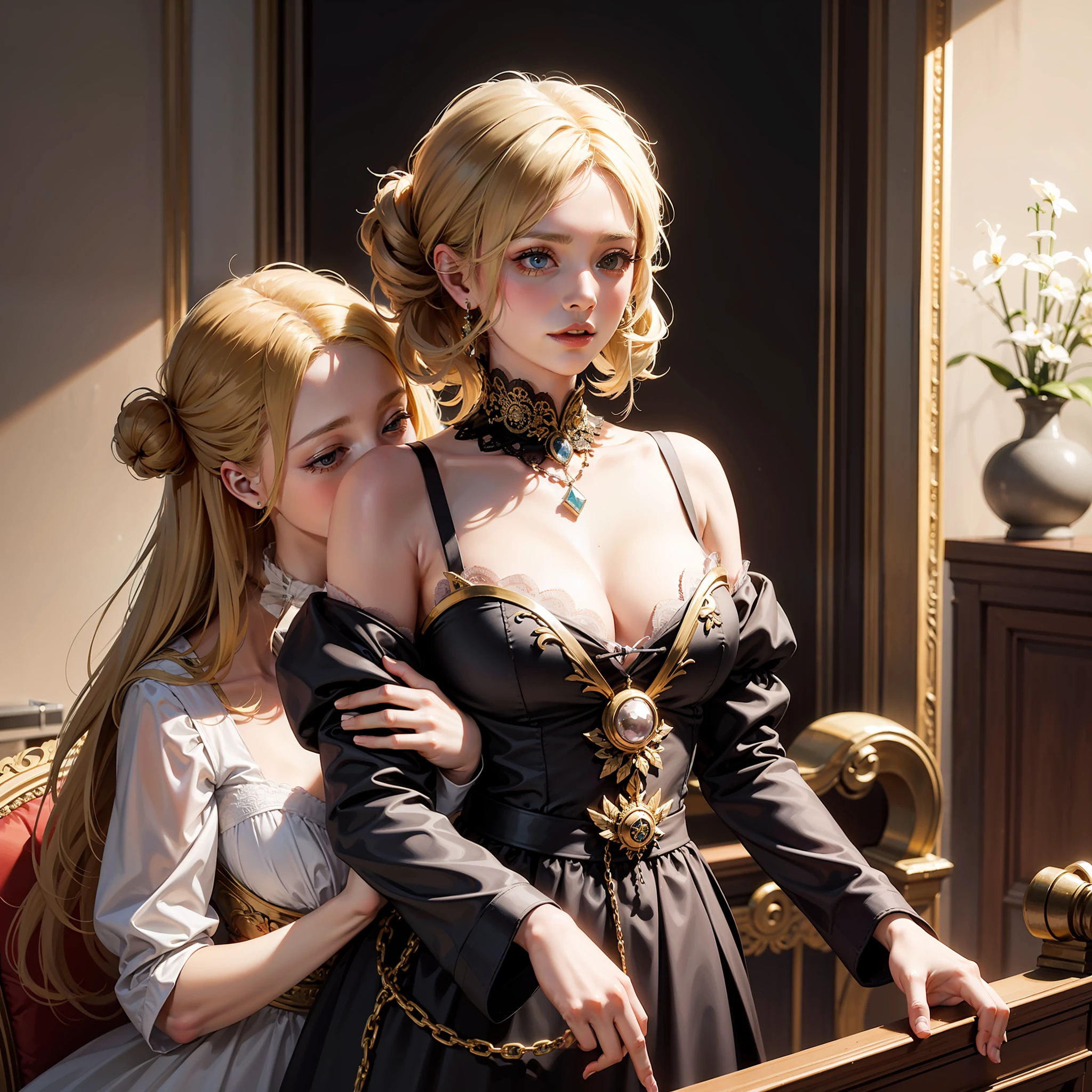 Two women hugging, Freya and Rhubarb, Medieval dresses, artsy complex hairstyles, royal outfits, longue blonde hair