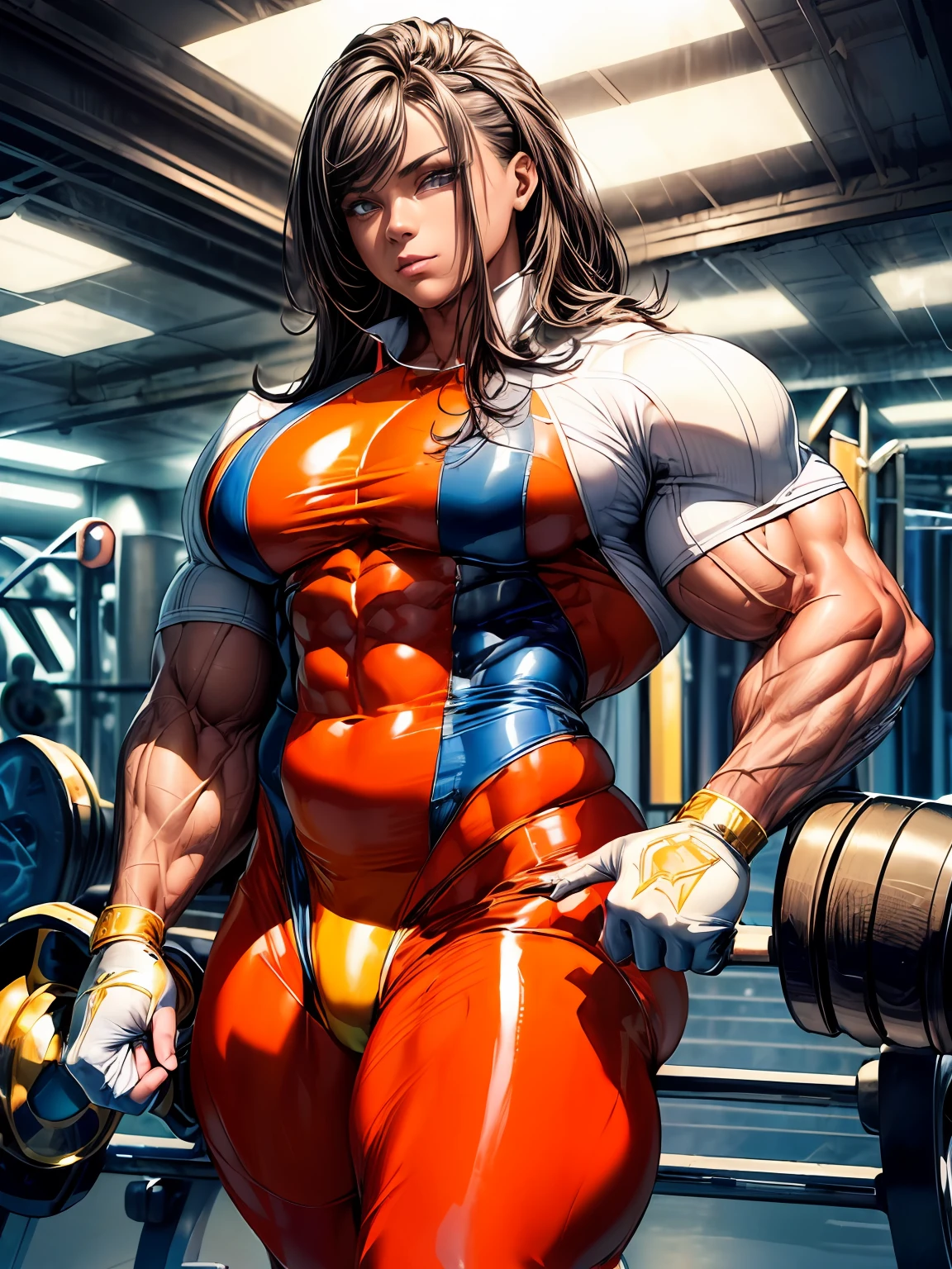 high contrast, (8K UHD:1.2), (photorealistic:1.2),(masterpiece:1.4), (best quality:1.4),extremely detailed wallpaper, highly detailed illustrations, ((1 Girl)) , (super-complex details) , 4K unified, (masterpiece:1.2), (best quality:1.2), (1woman), (masterpiece), 1girl, solo focus, a trail picture like the blue suit girl. Make the suit and orange and black glossy color so the muscles will show greatly.,(body builder:1.9)),((upper body)),((muscular legs)),((latex)),((covered)),((big body :1.5)).((muscular:1.5))