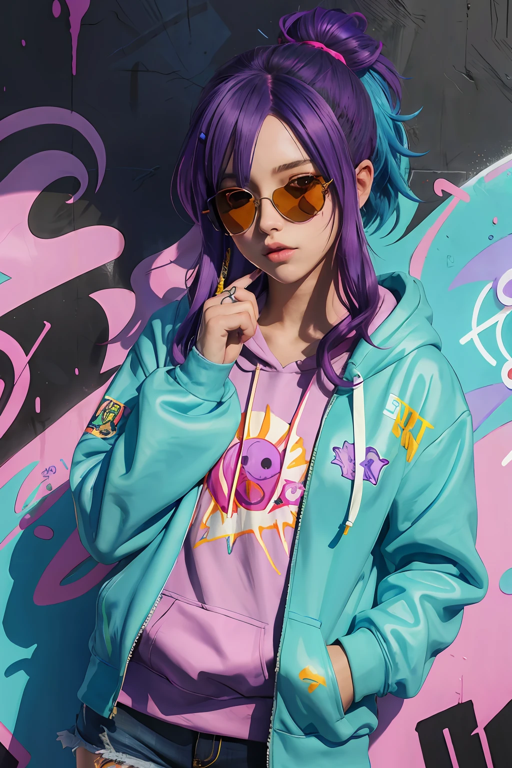 Beautiful girl, wearing hoodie, wearing sun glasses, purple blue hair, Anime style slime punk, graffitipaint on the background, correct ???????, correct form, highly detailed, high quality, best resolution, 8k, HD, trending on artstation, masterpiece