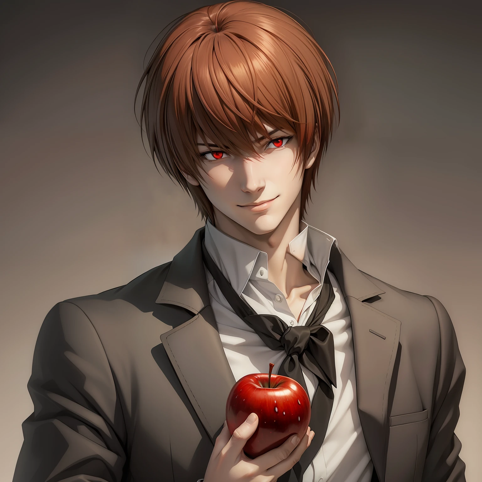 Light Yagami, smile, red eyes, white shirt, standing, black background, drawn, red apple in hand