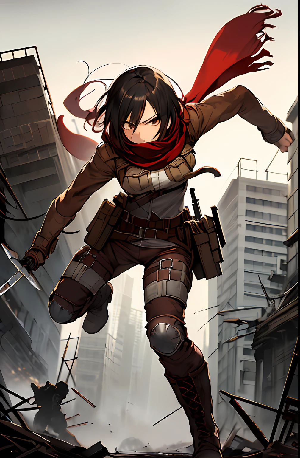 masterpiece,best quality,1girl,mikasa_ackerman,Red scarf,sky,gloomy,Combat posture,Action art,Aim at the enemy,Face full of murderous look,sinister gang,butyric,Minimalism,Impact art,ruins,black eyes,boots,point/edge of a knife,