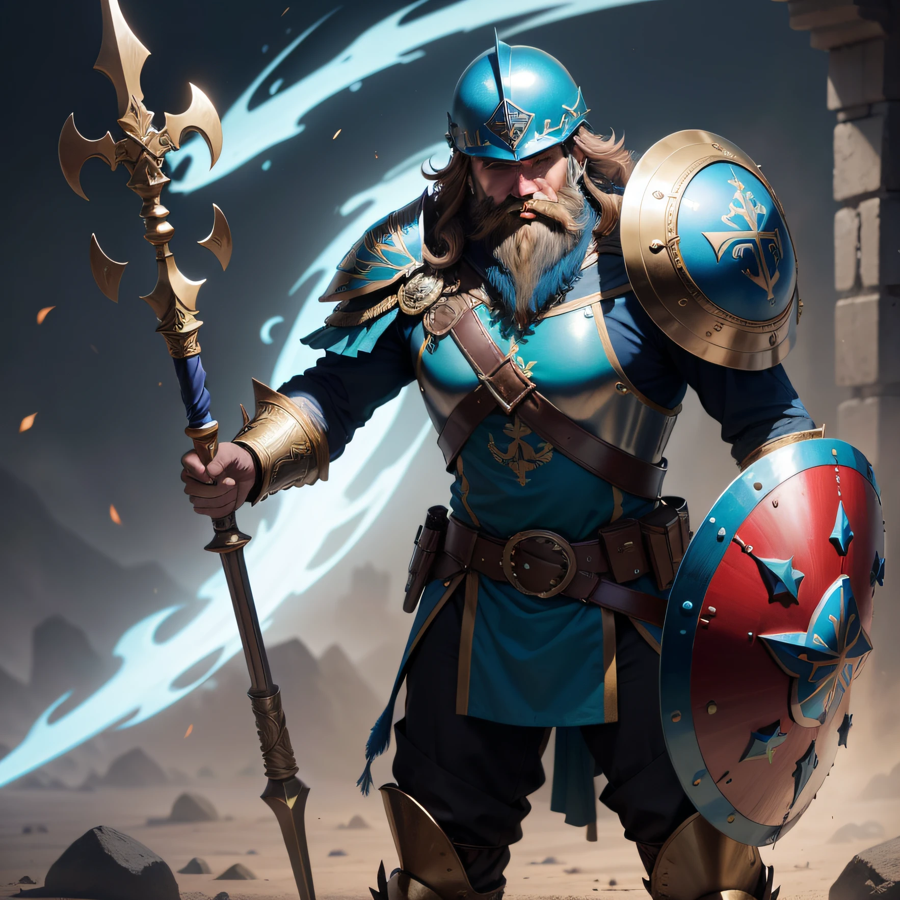 um hoplito espartana localizada. He holds the helmet with both hands. His shield is placed on his left side with a maltese cross in the middle. His spear is thrown to the ground. He has long listened and reached for a beard, roupa com cores azul marinho e vermelhos.