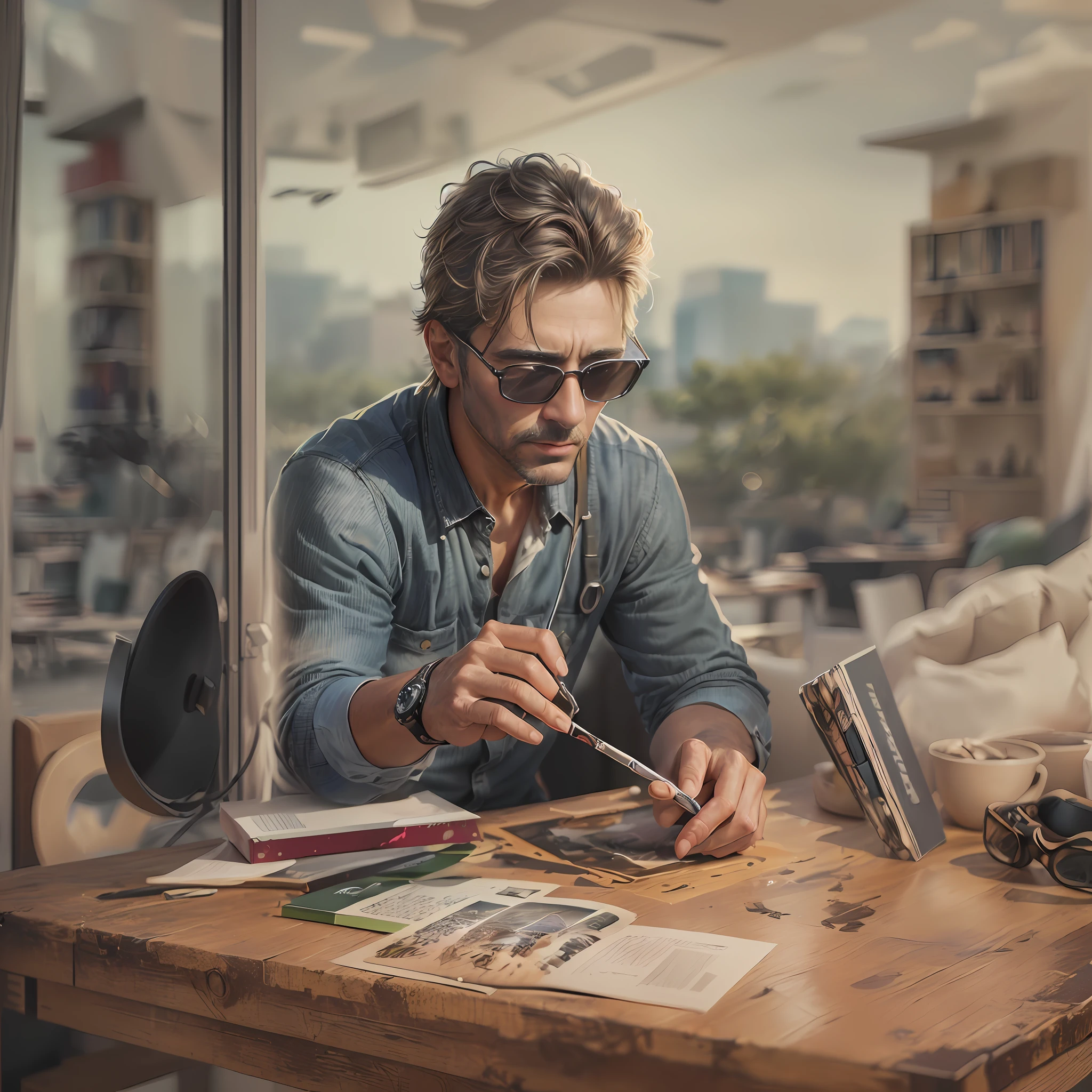 There's a man sitting at a table with a cell phone, arte digital altamente realista, arte digital fotorrealista, arte digital. foto realista, pintura digital fotorrealista, arte conceitual hiper-realista, arte digital muito realista, hyperrealistic illustration, estilo de arte fotorrealista, artes digitais fotorrealistas, hyper realistic illustration, por Kerembeyit, photo manipulation