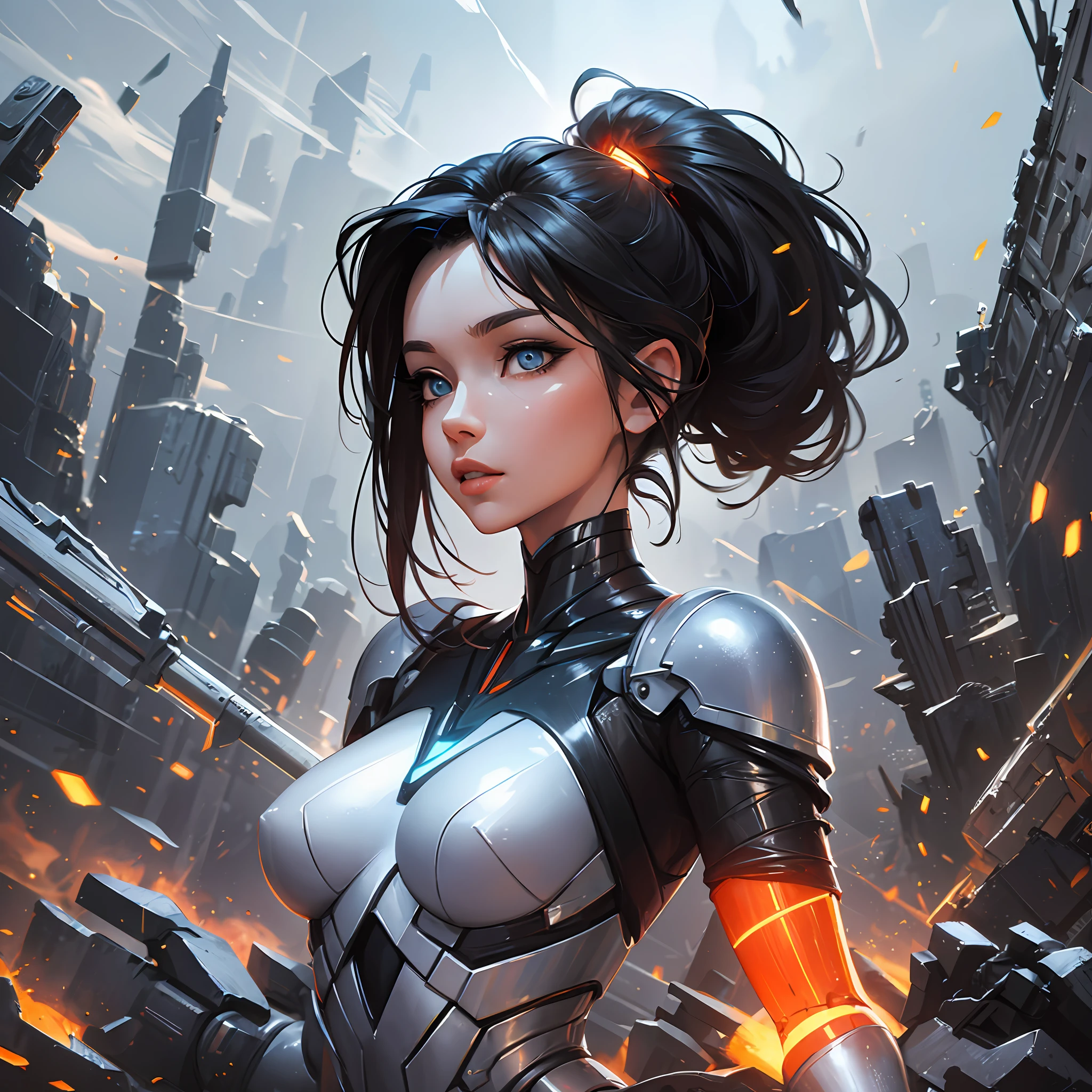 in the theme of Riot_Games_Concept art :: (centered) :: A sleek winsome woman, made of sculpted glass marble and steel, perfect eyes & face, very detailed articulated joints and limbs :: (Organic-Cyborg Design) :: beautiful:0.75, 8k, wallpaper, ((detailed artwork)), masterpiece, light particles and dreamy atmospheric light glows :: in the style of artgerm-jeff easley-chris foss illustrations