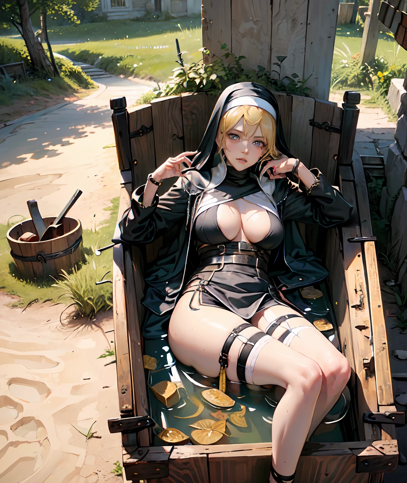 two busty nuns. milfs with long legs and skinny waists, hip dimples, huge breasts, tanned and oiled skin, in village nunnery and church, ((fantasy nun habit and robes)), soaked clothes covered in thick smelly yellow sludge:1.3, ((leaning over wooden tub looking at viewer)), massive bursting cleavage, high rise leather thong, slutty armor, huge big full seductive lips, blue eyes:0.5, blonde hair, fit body, 36 year old, big ass, sultry annoyed expression, posing in middle of cobblestone church, fantasy, cozy, ((closed mouth)), ((huge lips)), unique, rare, (((large wooden tub full of steaming yellow liquid, thick in nature and smelly))) near her, wedgie. --auto