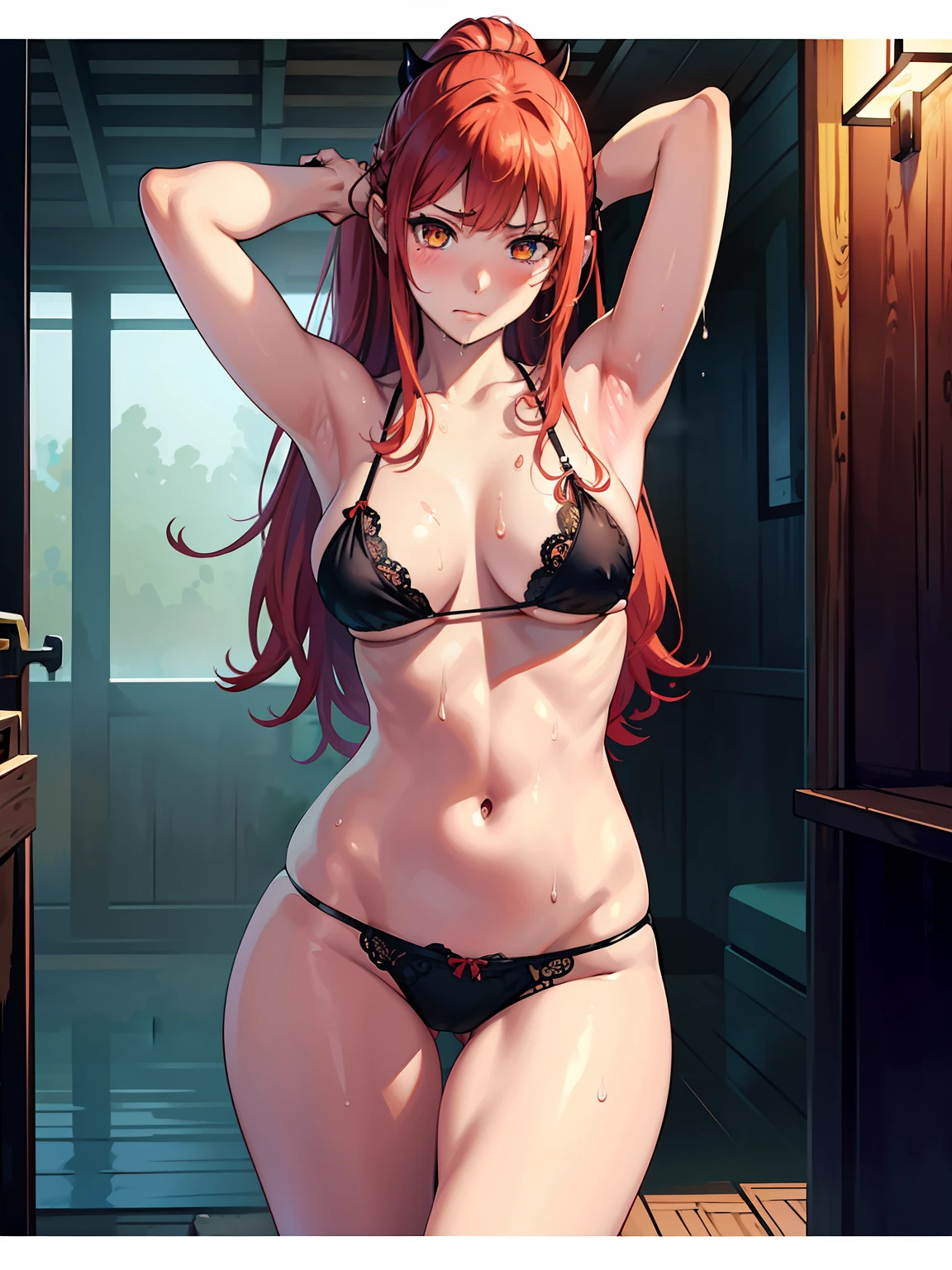 Masterpiece, animerealistic, Top quality, Ultra high definition, Maximum resolution, Very detailed, Professional lighting, Cowboy shot, One girl, she’s a female oni, devilish girl, she has light red hair, gothic demoness, Very cute, submissive , long hair, Hairpin, wearing micro bikini in black, gothic, wearing black panties showing arms folded behind the head, cold expression, embarrassed, her body is wet with white liquid, face, sexy female oni with legs open at M o'clock, panty bite, lace panties, steam, heavy breathing, anime screencap, thighs, seductive sweat, yellow eyes, beautiful eyes, wearing mascara, blush, drippy panties