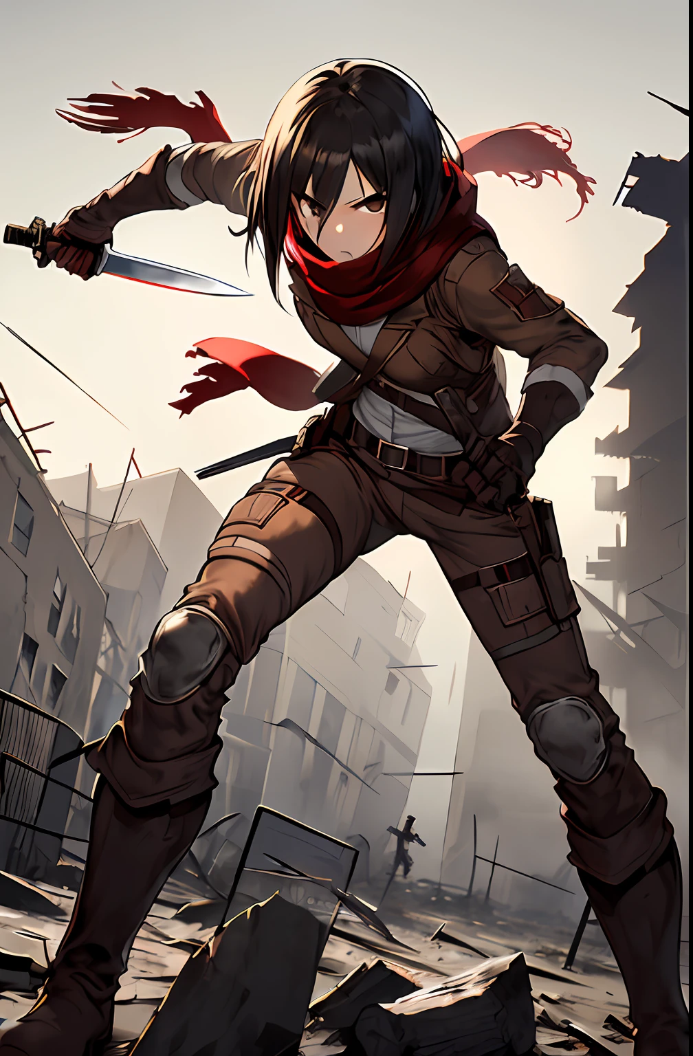masterpiece,best quality,1girl,mikasa_ackerman,Red scarf,sky,gloomy,Combat posture,Action art,Aim at the enemy,Face full of murderous look,sinister gang,butyric,Minimalism,Impact art,ruins,black eyes,boots,point/edge of a knife,