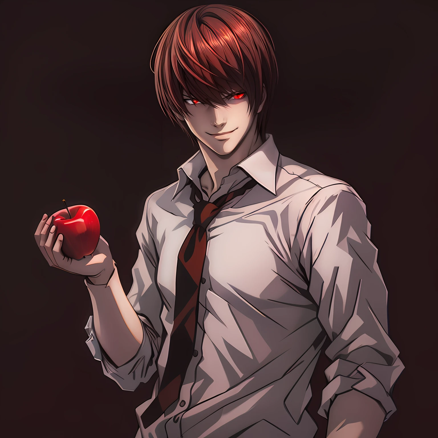 Light Yagami, smile, red eyes, white shirt, standing, black background, drawn, red apple in hand, evil smile, Villain