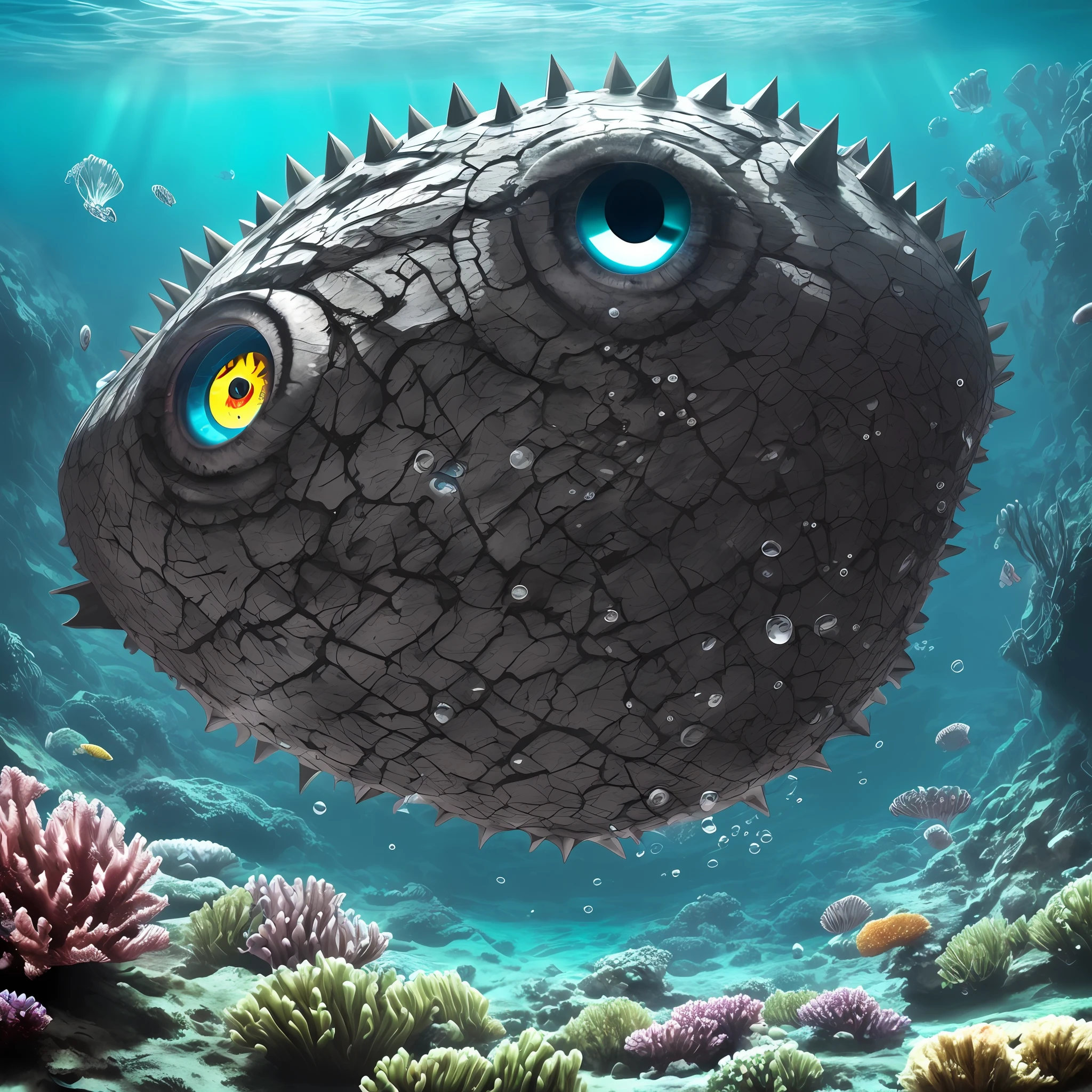 (best quality, photorealistic style, underwater), a colossal (box-shaped monster:1.2) with (grey rough skin and blue spikes) emerges from the depth, with a single (blood-red eye:1.1) at its center, shooting terrifying lasers that create cascading (underwater bubbles). --auto