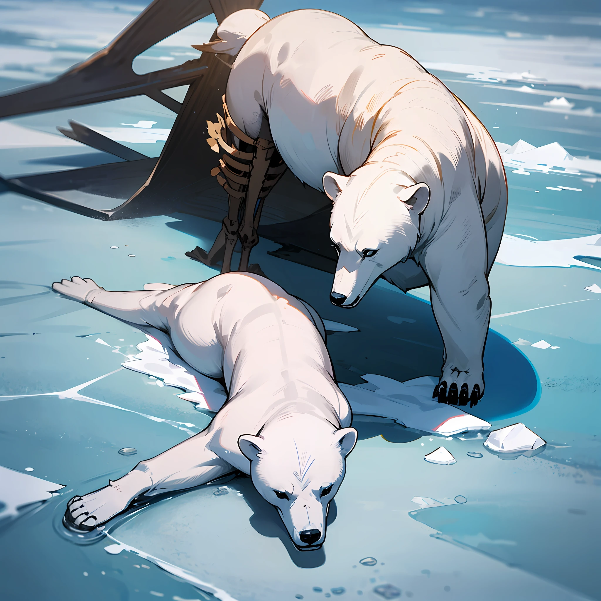 "A wounded polar bear lies motionless on the icy floor, an arrow embedded in its body. Standing beside it is a skeleton, bow in hand, surveying the scene." --auto