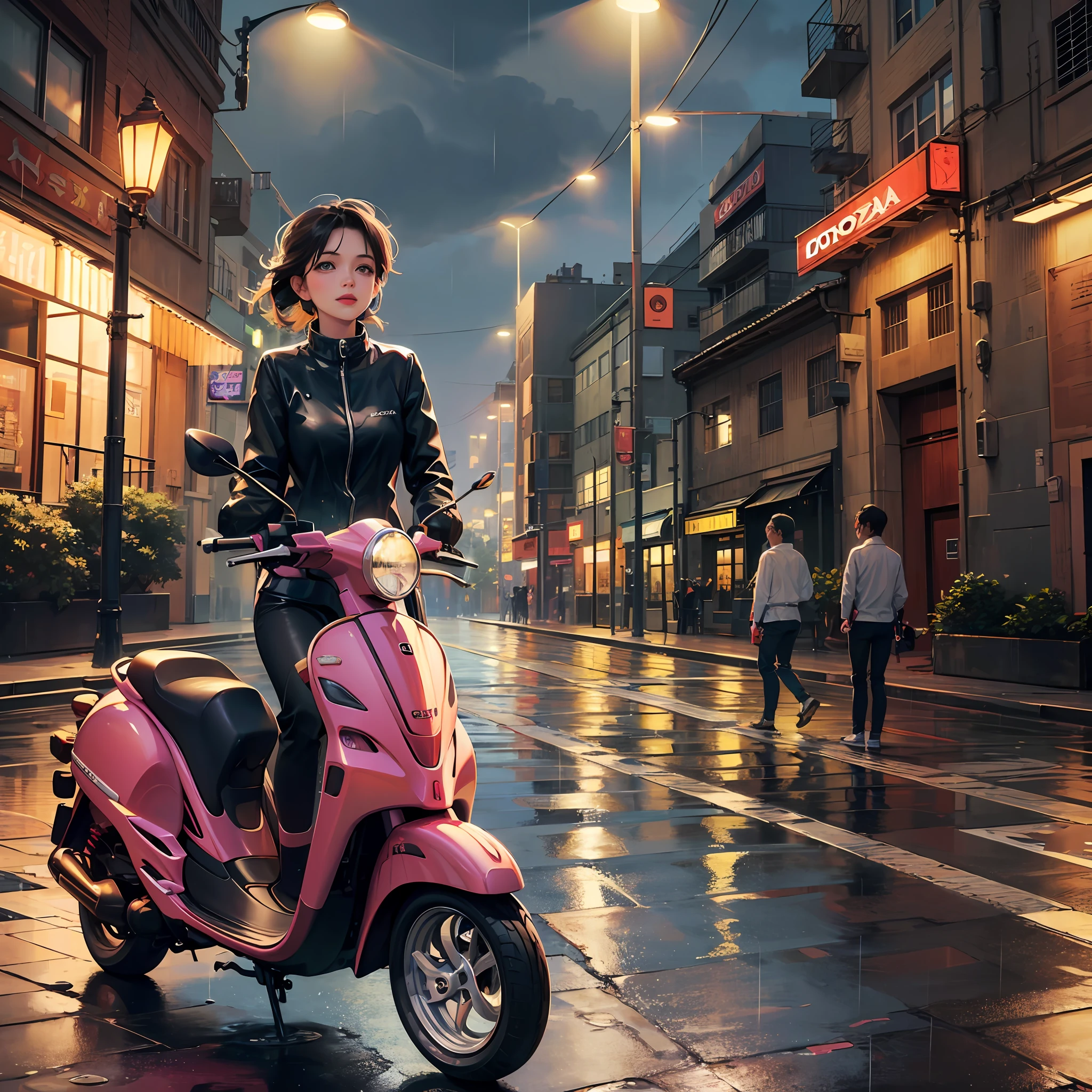 (realistic photo, Honda Activa 5G scooter:1.1), stylish photo, parked in the rain, night time, wet ground, street lights, reflections on the ground --auto