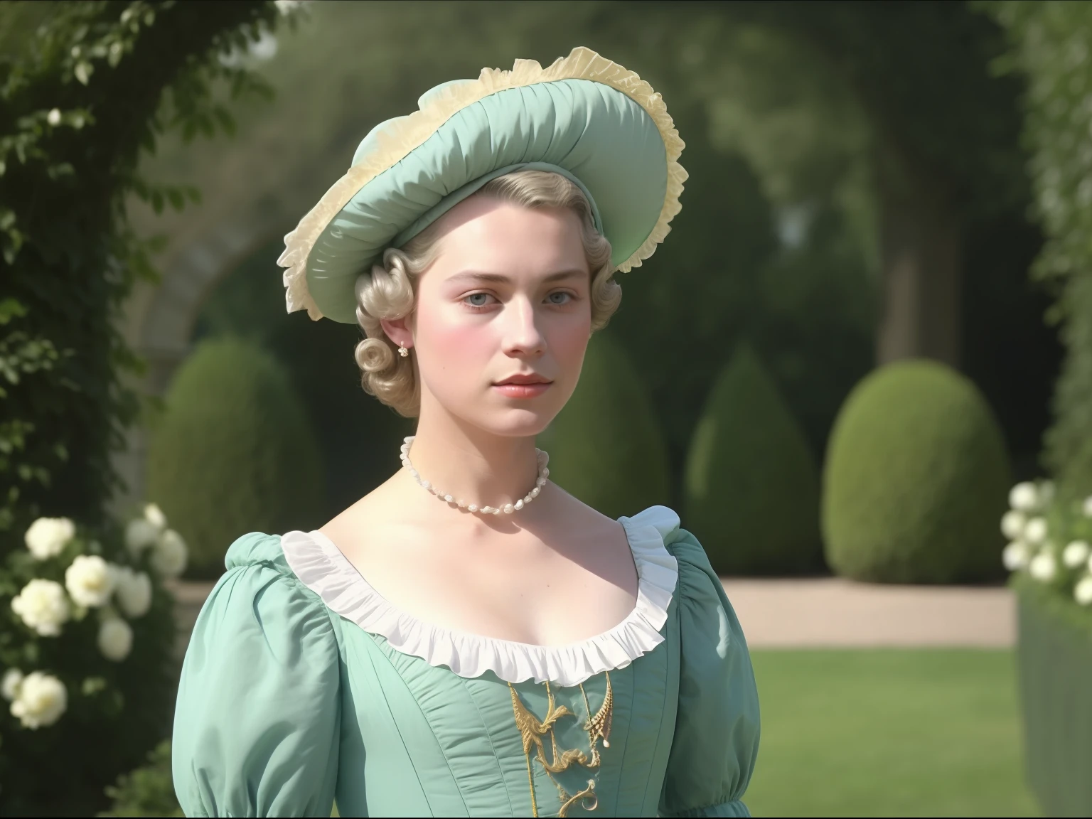 close up, the 90s scene movie, a young king wearing tricorne hat with a Rococo coiffures and standing outside a garden in the 18th century in french, a screen shot by Victor Fleming, featured on tumblr, aestheticism, movie still, 1990s, look like Shawn Mendes, film grain, fashion inspired by Louis XVI, regency era in French, rococo fashion