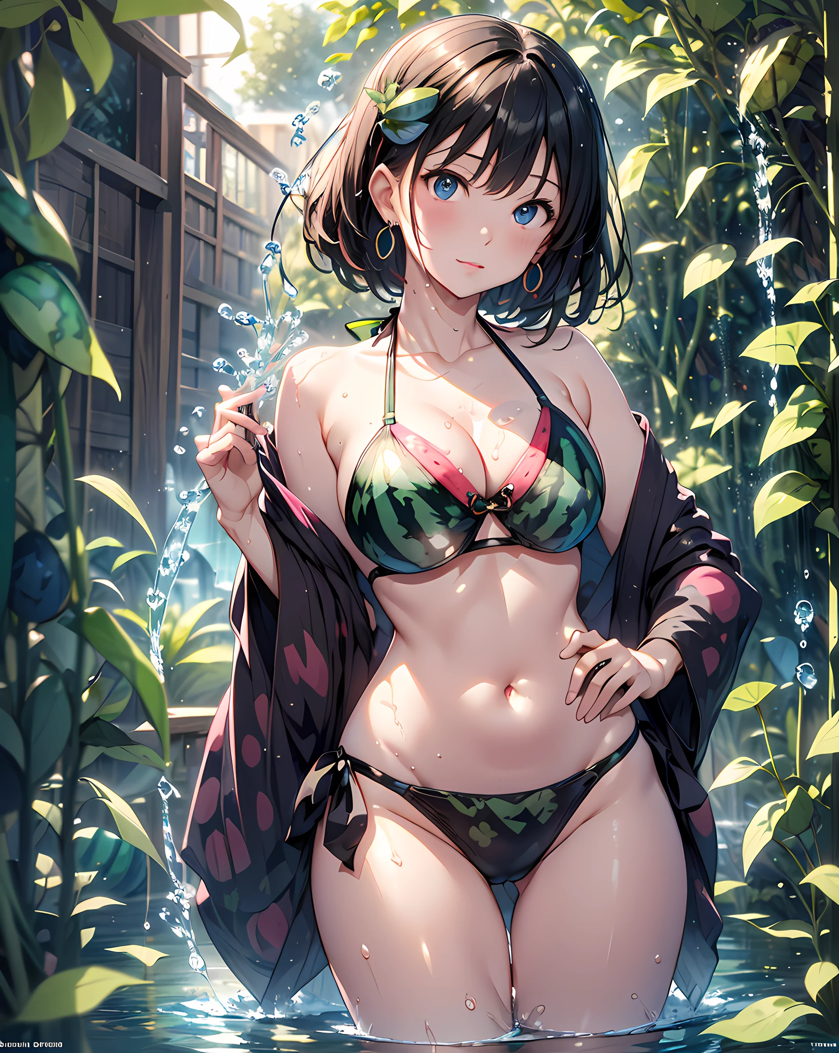 (masterpiece, best quality:1.37), highres, ultra-detailed, ultra-sharp, BREAK, Japanese school girl model, 1girl, (beautiful anime face, cute face, detailed face), (black hair, short hair, bangs), blue eyes, jewelry, earrings, piercing, BREAK, ((detailed water melon patterned bikini:1.5), (detailed water melon skin bikini:1.3)), lovely look, detailed clothes), light smile, closed mouth, parted lips, pink lipstick, BREAK, standing, arms behind on hip, leaning forward, holding water melon on stomach, cowboy shot, detailed human hands, HDTV:1.2, ((detailed water melon garden view background:1.3)), 8 life size, slender, anime style, anime style school girl, perfect anatomy, perfect proportion, inspiration from Kyoto animation and A-1 picture, late evening, excellent lighting, bright colors, clean lines, photorealistic