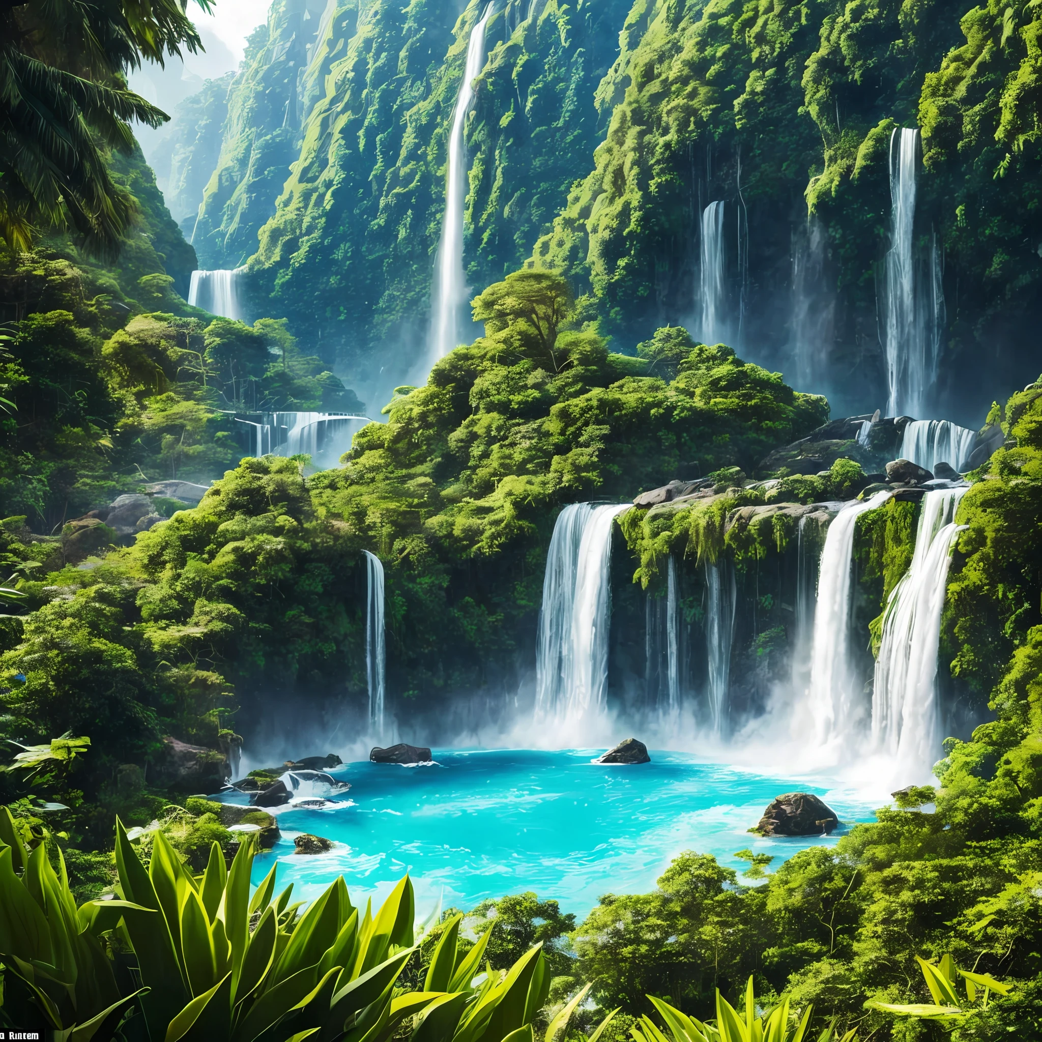 with a view of a blockchain pool and a waterfall, a detailed matte painting inspired by Fabien Charuau, trending on cg society, renaissance, mountainous jungle setting, jungle setting, dense with greenery, lush jungle, in a jungle environment, relaxing environment, amidst of nature fully covered, lush environment, lush and green, inside an alien jungle --auto