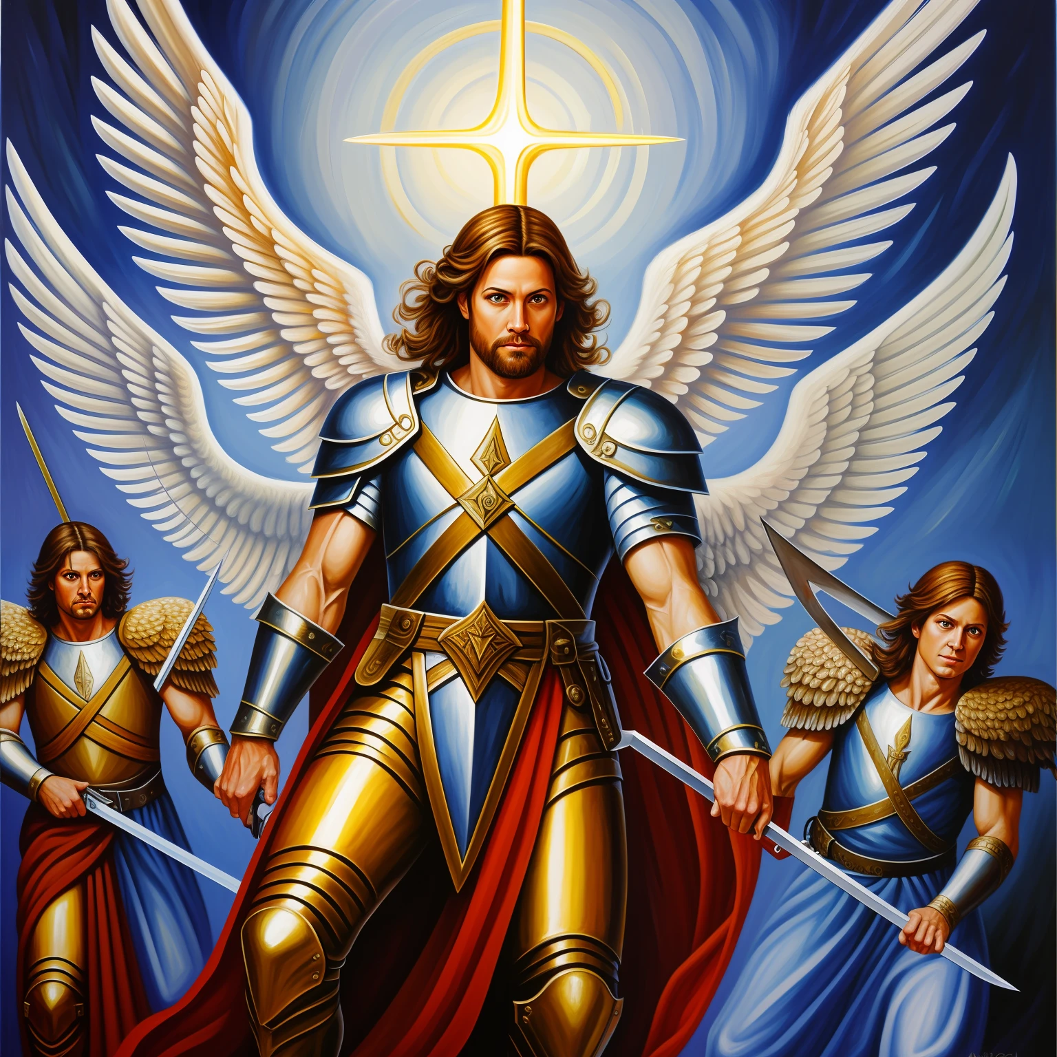 Angel Michael leading the angels in combat, sword. oil painting