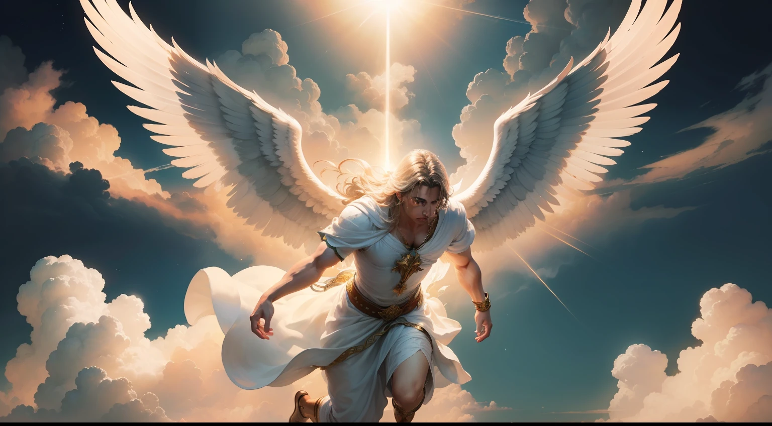 The archangel Michael flying over the golden heavens of the Kingdom of God, suas asas imponentes abertas, irradiando uma luz divina, e abaixo dele, A celestial landscape with clouds as white as cotton. The main focus is Miguel's serene and powerful face, enquanto ele olha benevolentemente para os seres divinos que habitam o reino. The execution is a watercolor painting, with soft brushstrokes and ethereal colors, capturing the sense of peace and majesty