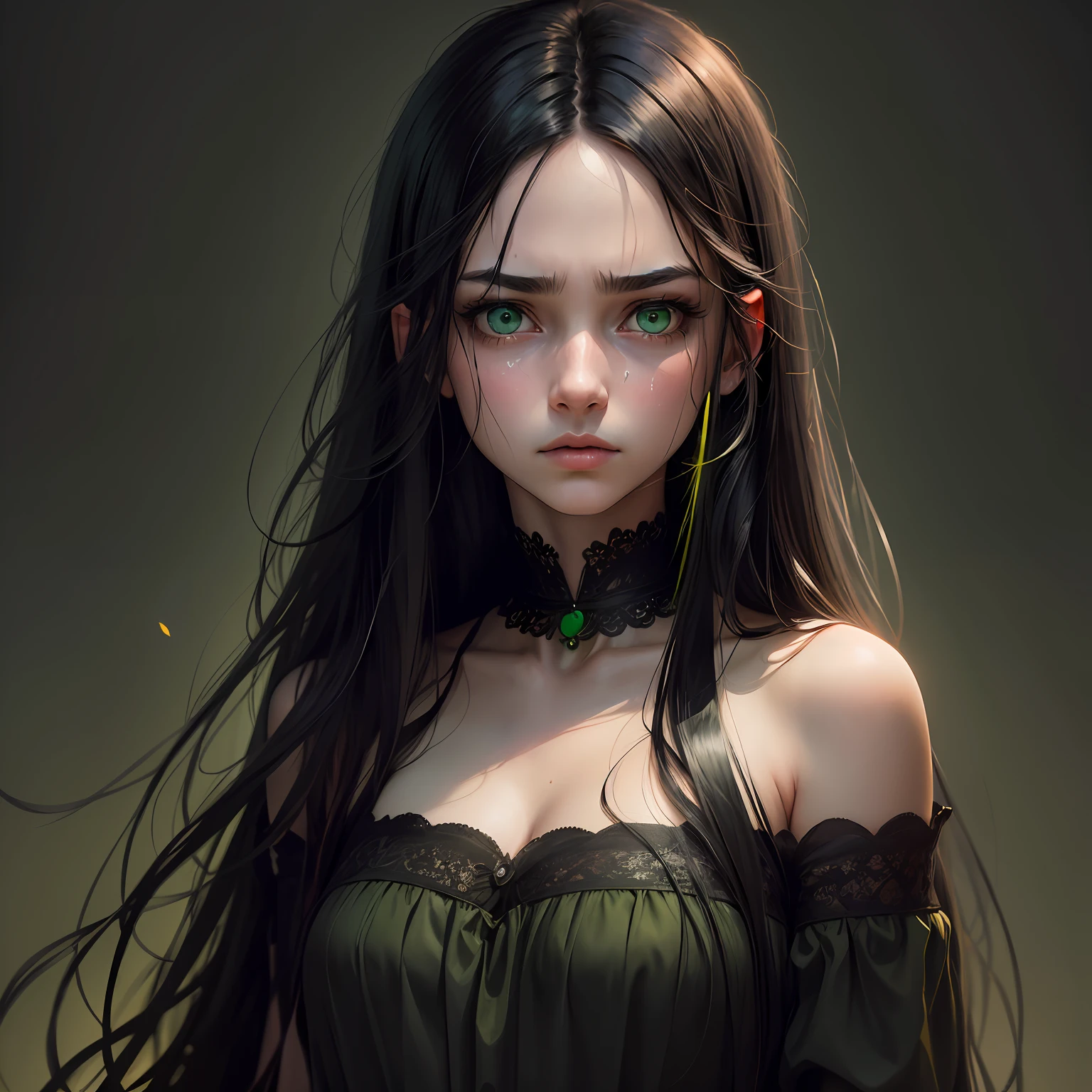 (masterpiece, best quality, ultra-detailed), sad expression, emotional, artistic, lonely figure,(1girl),long luscious locks, piercing eyes, (black hair+green eyes:1.3), dark atmosphere, textured background, color grading.