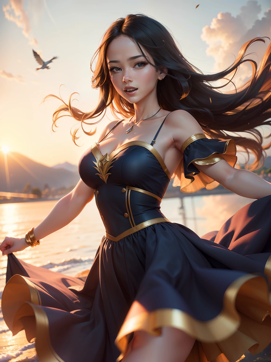 (extremely detailed and high resolution), masterpiece, beautiful colors, dynamic angle, (1 woman), expression of joy and freedom, colorful dress flowing in the wind, natural lighting, golden hour, blurred background, bokeh, landscape scenery.