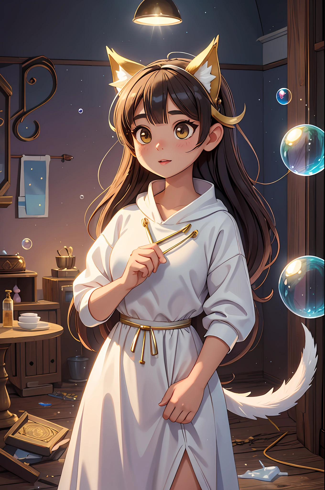 (masterpiece, best quality), intricate details, 1girl, pointy long animal ears, tail, bubbles, soapy bubles, prisms, lighting effect, floating halo glowing over her head, godly, comfy clothes, modern outfit, in an abandoned room