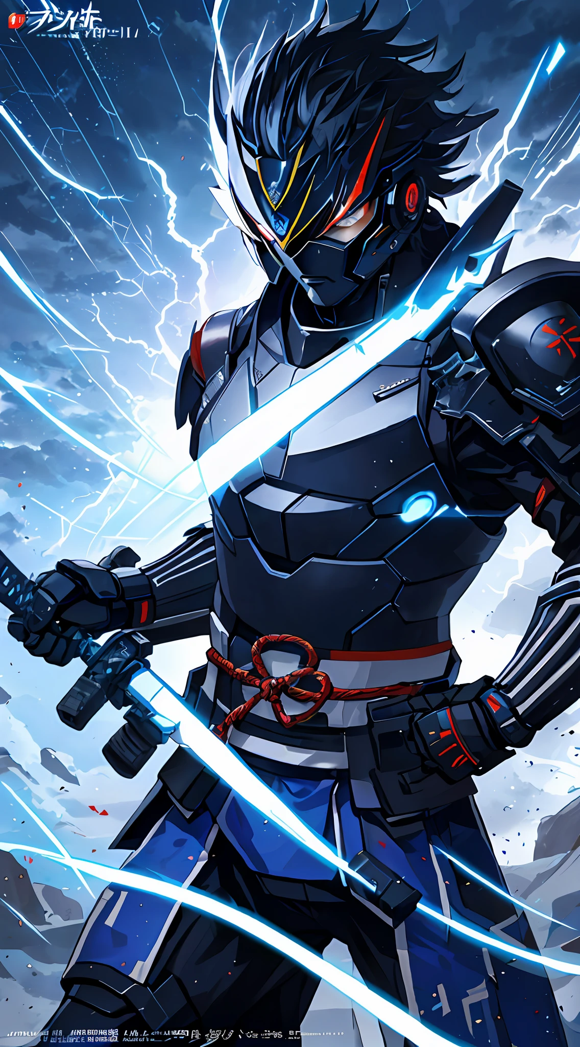 a close up of futuristic modern japan samurai in a thunder lightning suit, character, action pose, badass, black thunder lightning color reflected modern futuristic japanese armor, avatar image, official artwork, official art