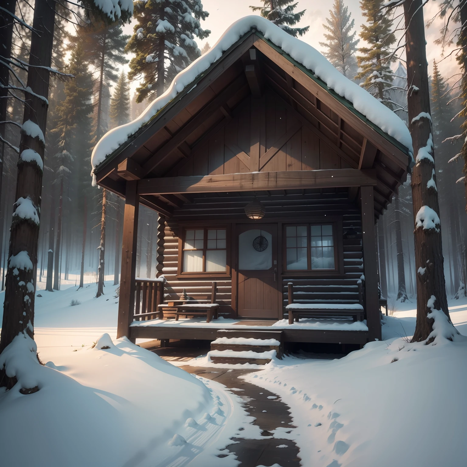 rios，ln the forest，grassy fields，dimly lit，afar，snow mountains，wooden cabin