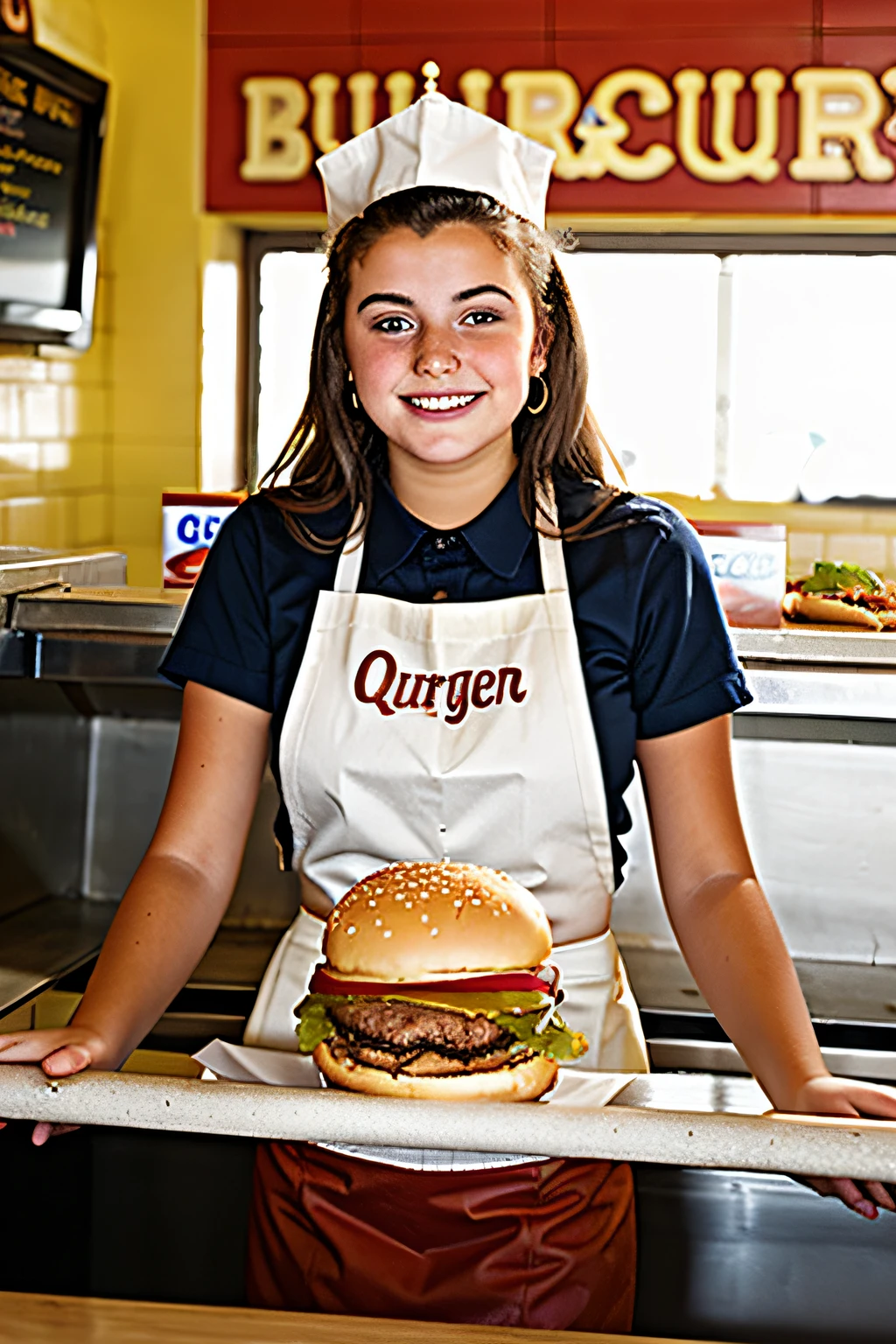 young 19-year-old Burger Queen attendant behind the counter