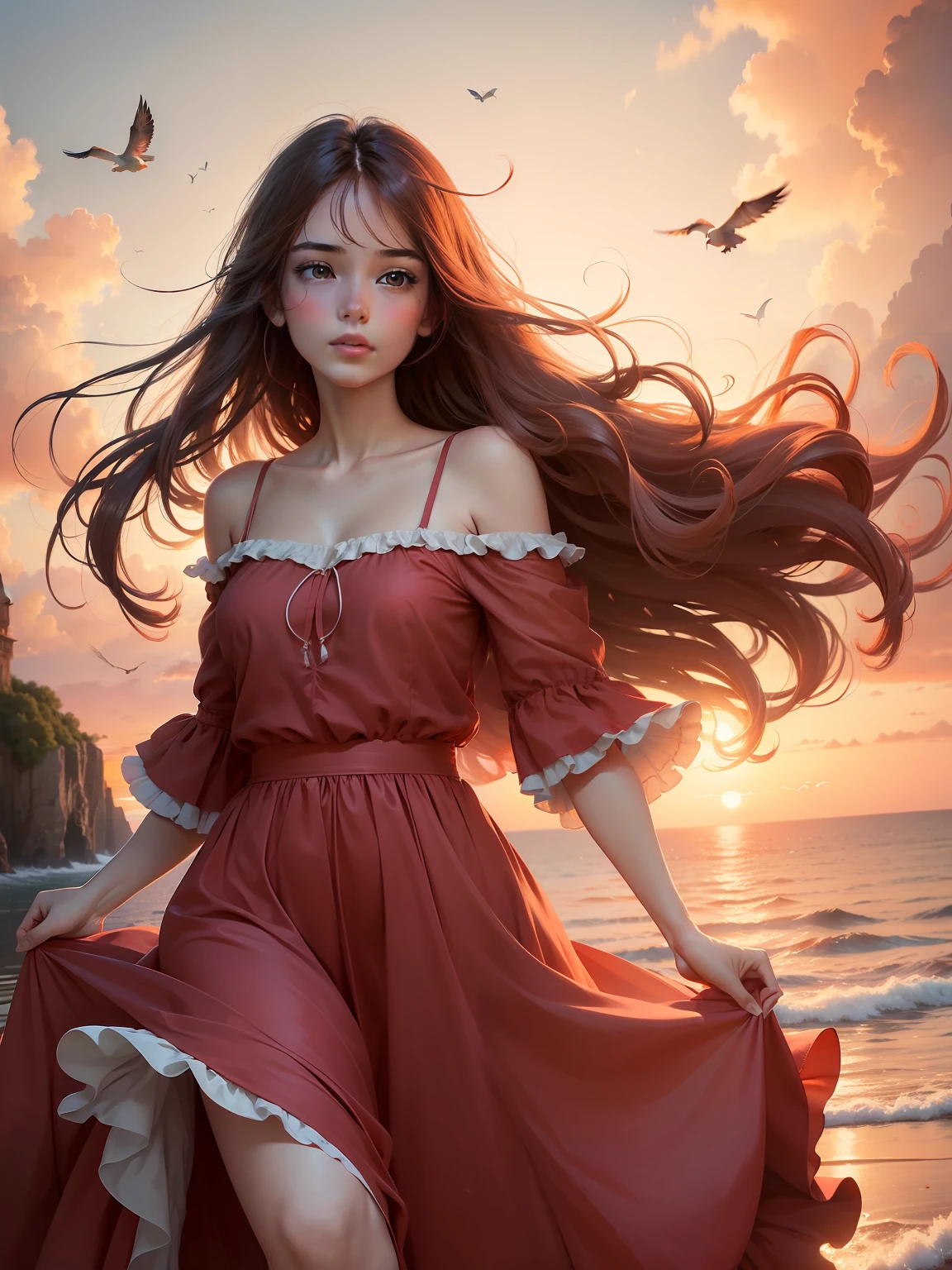 (delicate and romantic), floating, (romantic sunset), (gentle yet passionate wind), (1girl with flowing hair), (red dress or outfit), (longing gaze), (bird flying in the distance), (dreamy and ethereal atmosphere), (vibrant colors)