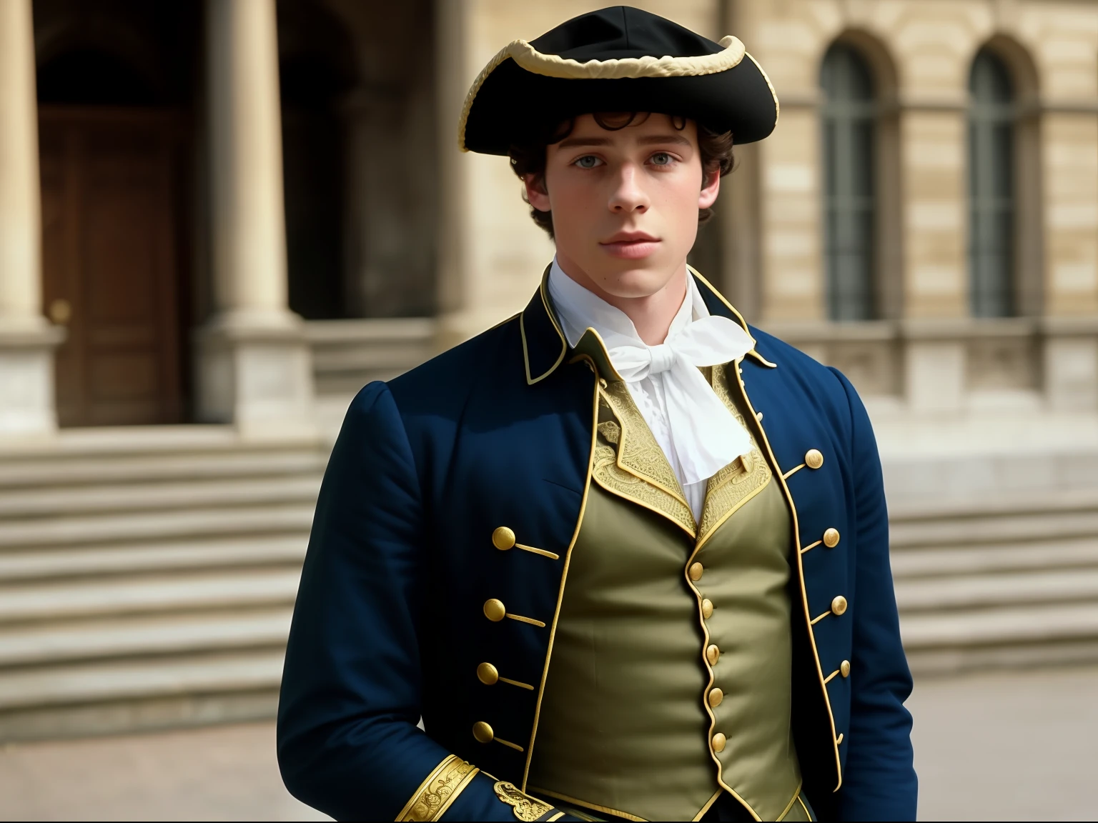close up, the 90s scene movie, a young king wearing tricorne hat and standing in town in the 18th century in french, a screen shot by Victor Fleming, featured on tumblr, aestheticism, movie still, 1990s, look like Shawn Mendes, film grain, fashion inspired by king Louis XVI, regency era in French, rococo man fashion