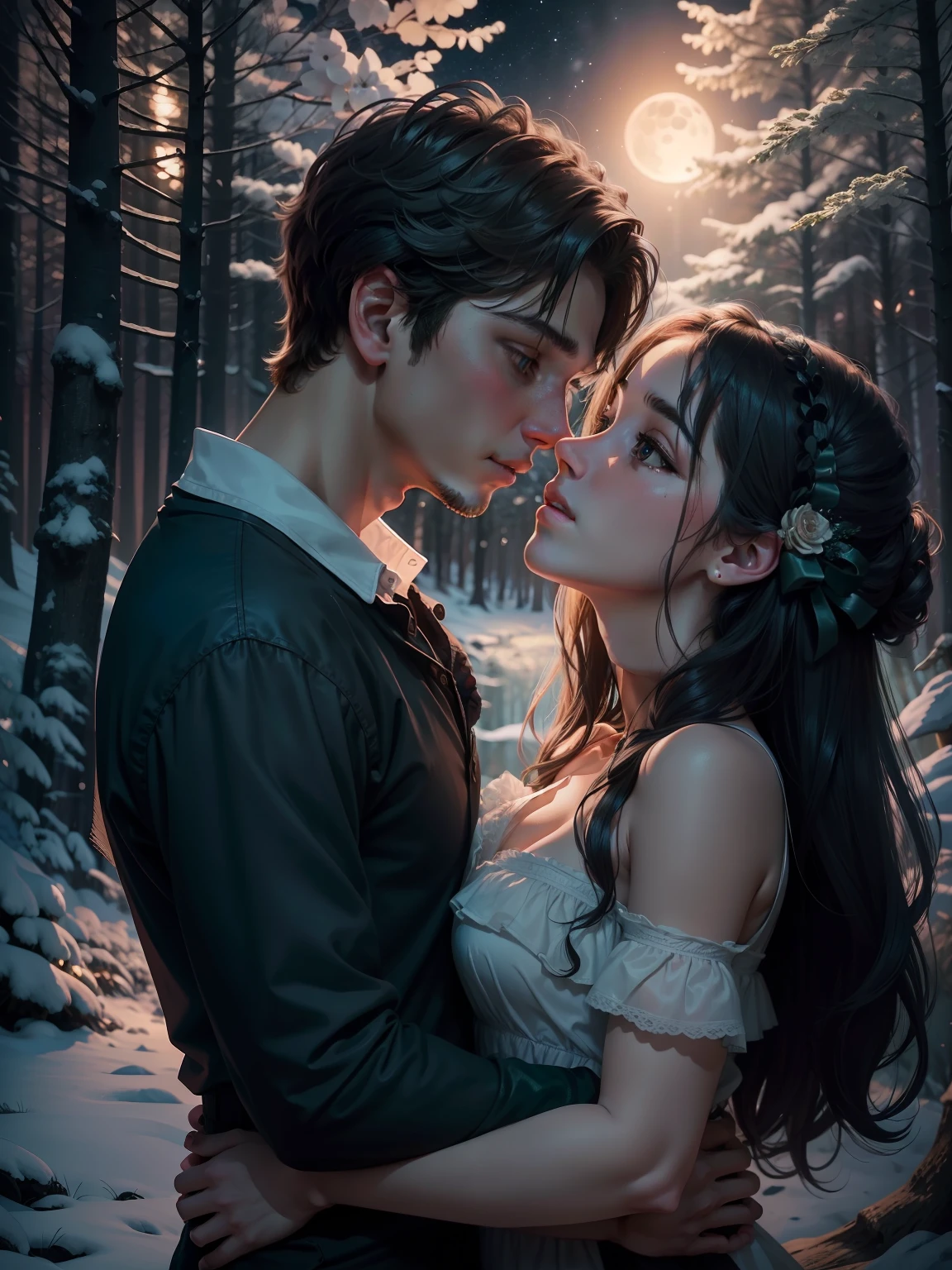 (best quality) Intense romance under the moonlight. A lovers' rendezvous deep in the woods, in each other's embrace. (1boy+1girl) Profound gazes that speak volumes. (nighttime)twinkling stars, casting light on this tender moment.