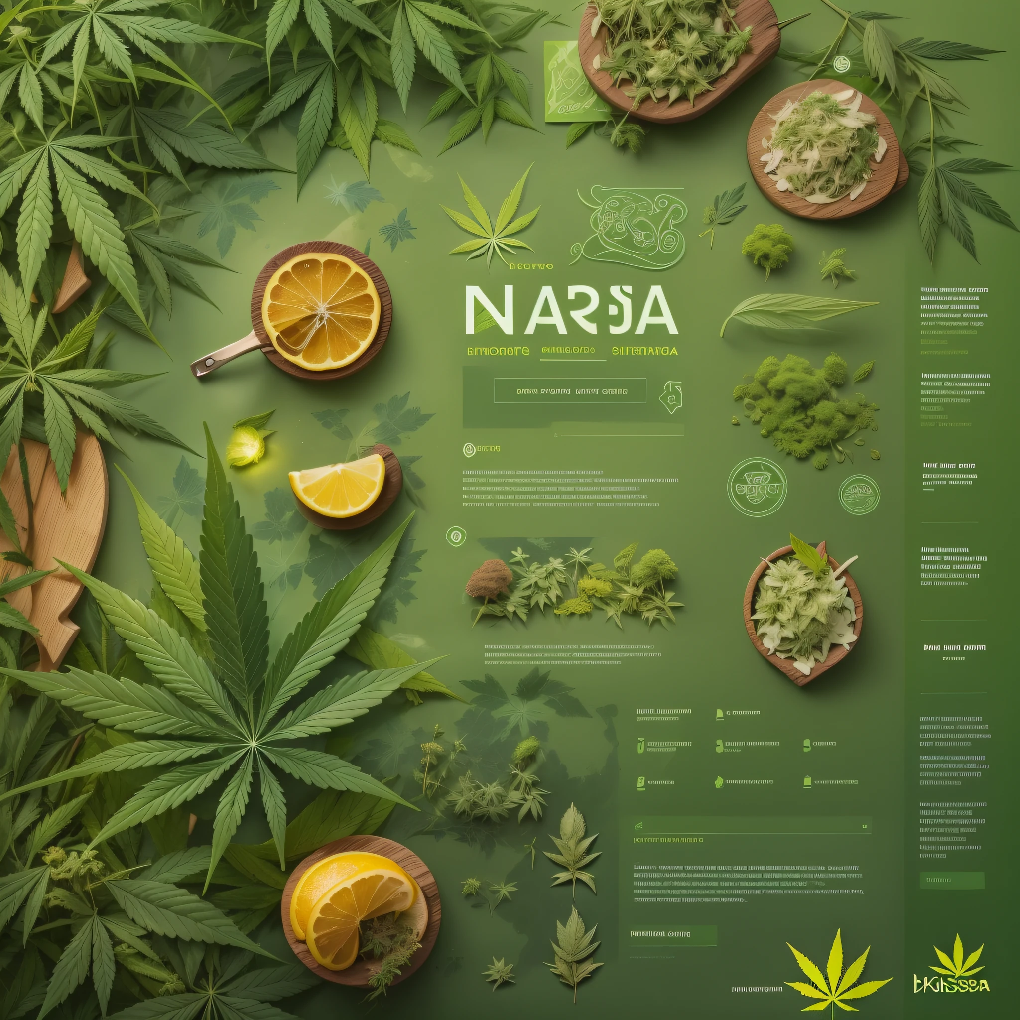 Introducing “Na Brisa” page, engaging image, harmonious color scheme, natural greens, cannabis theme, creative, Design with a positive and friendly tone, short text description introducing the page's content, mission, and the motivation, text legible and easy to understand ,captivating, infographic